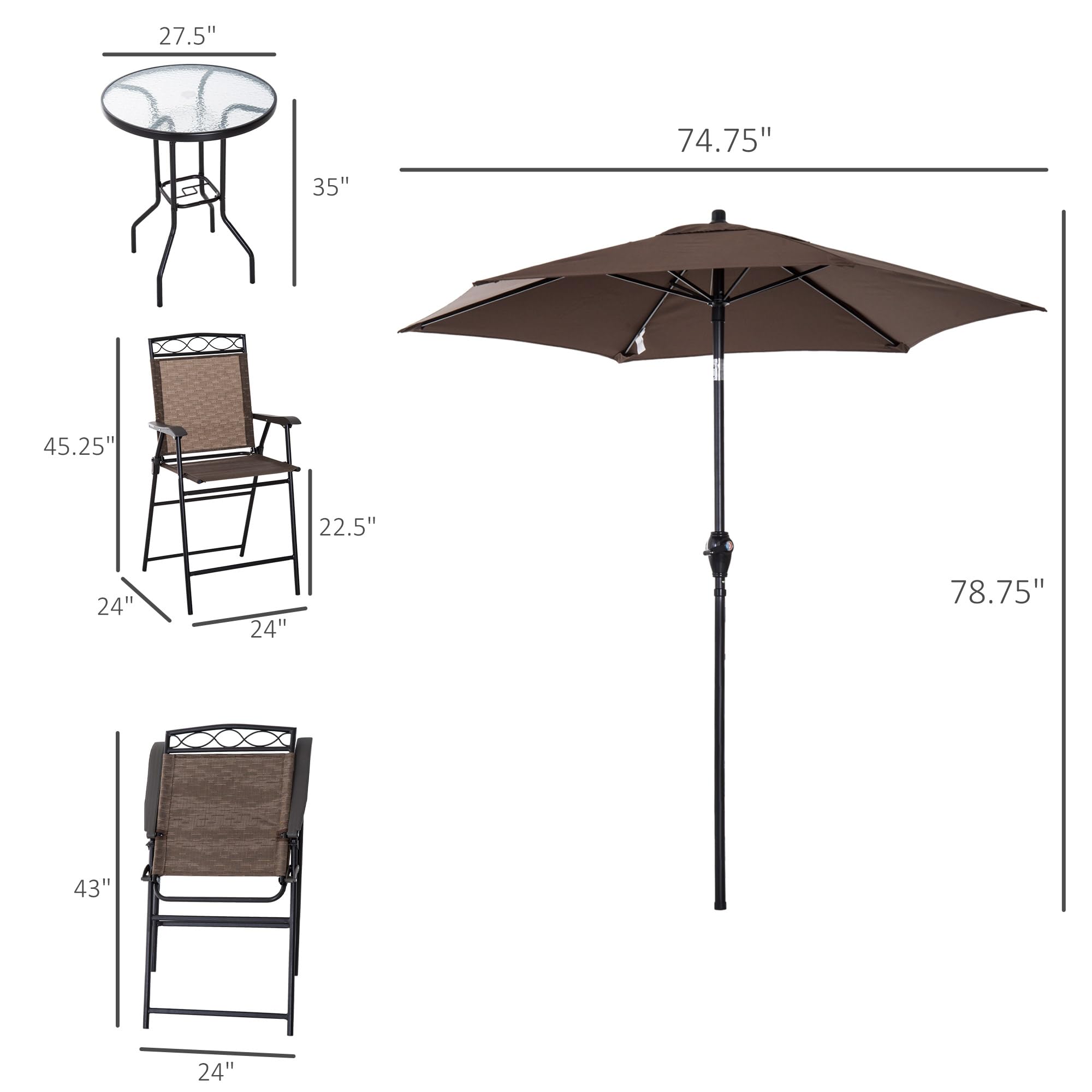 Outsunny 4-Piece Outdoor Patio Dining Set with 2 Folding Chairs, Adjustable Umbrella & Tempered Glass Table - Brown | Perfect for Backyard, Garden, Poolside & BBQ Gatherings