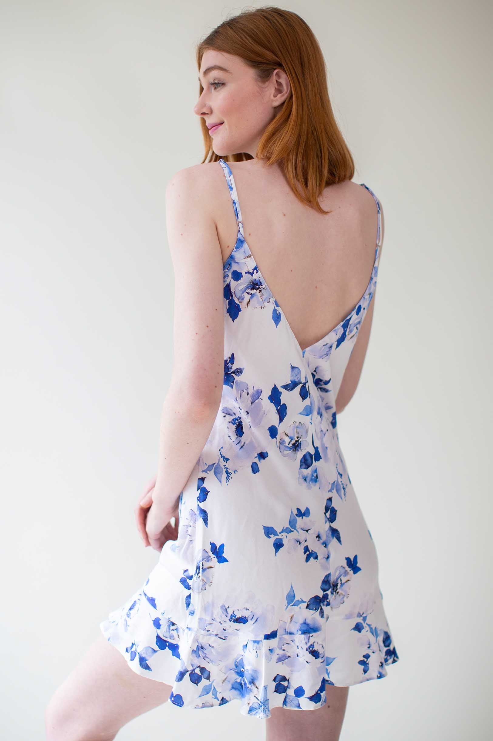 Blue Floral Bias Cut Flounce Slip Dress | Botanical Love | Perfect for Summer Weddings & Beach Vacations