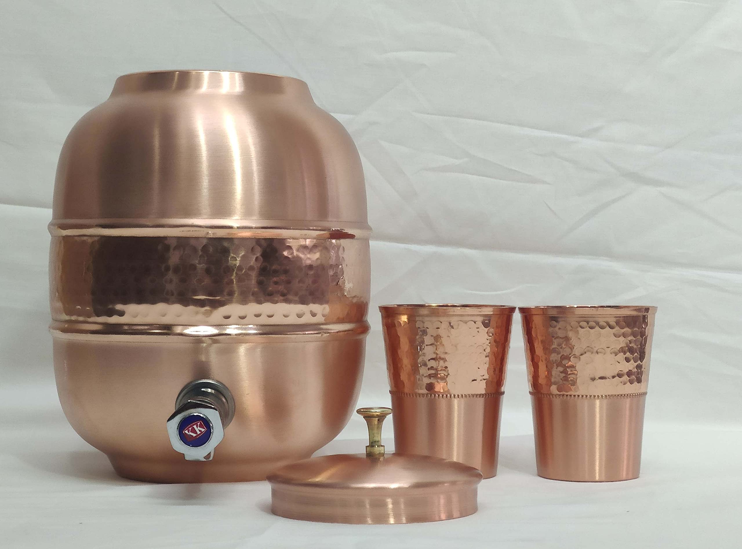 Handcrafted Hammered Copper Water Dispenser with Storage Tank & 2 Glasses - Traditional Fiber Design - Perfect for Home, Office & Outdoor Use