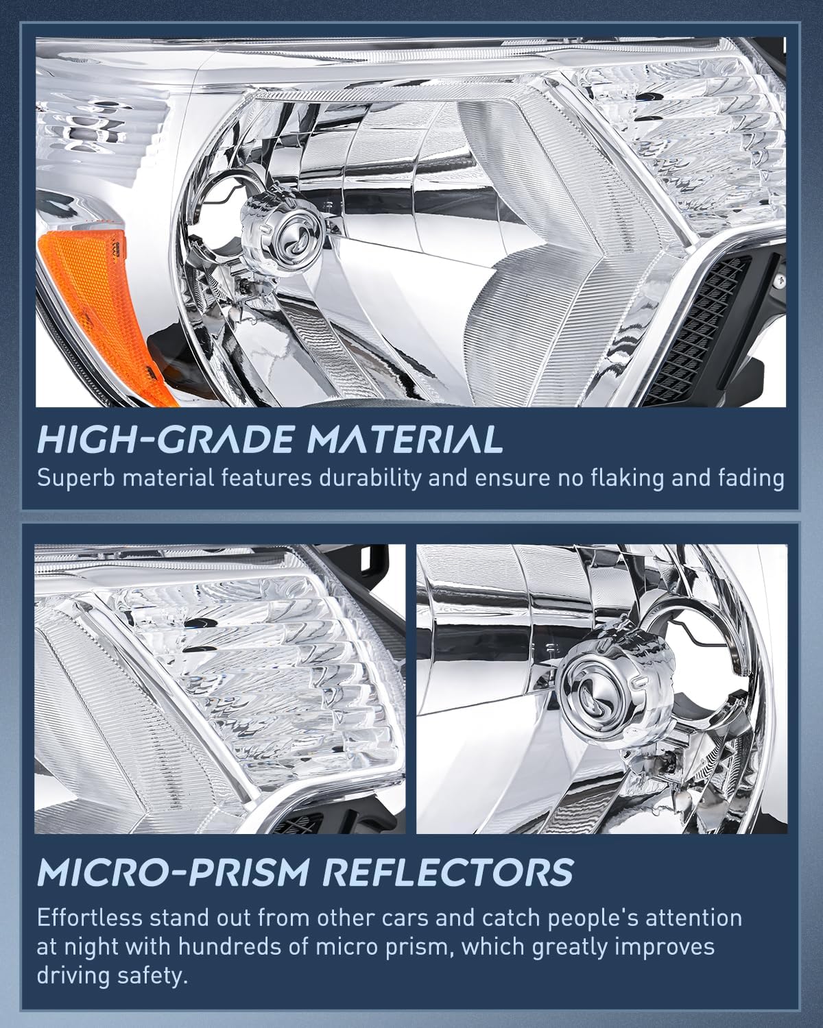 2012-2015 Toyota Tacoma Replacement Headlight Assembly - Chrome Housing with Amber Reflector & Clear Lens - Perfect for Off-Roading & Night Driving