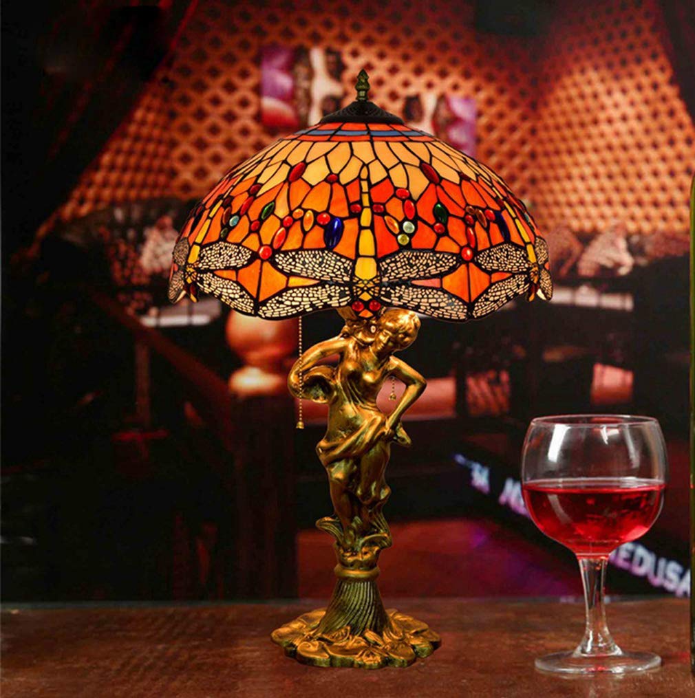16 Inch Handmade Stained Glass Red Dragonfly Tiffany Style Table Lamp - E27 Socket Bedside Light for Living Room, Bedroom, Bar & Cafe Decor - Perfect for Home Office, Reading Nook & Gift Giving