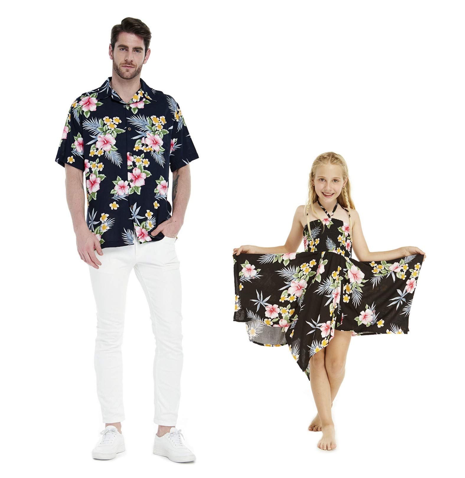 **Hawaiian Luau Matching Father Daughter Outfit - Men's Aloha Shirt & Girl's Gypsy Dress with Hibiscus Print | Perfect for Family Vacations, Beach Parties & Tropical Themed Events**