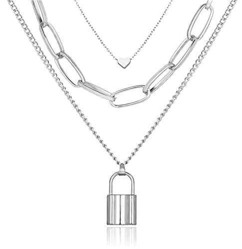 Elegant Layered Choker Necklace with Silver Lock & Tiny Heart Pendant - Punk Chunky Collar Jewelry for Women | Perfect for Casual Wear, Parties, and Gift Giving