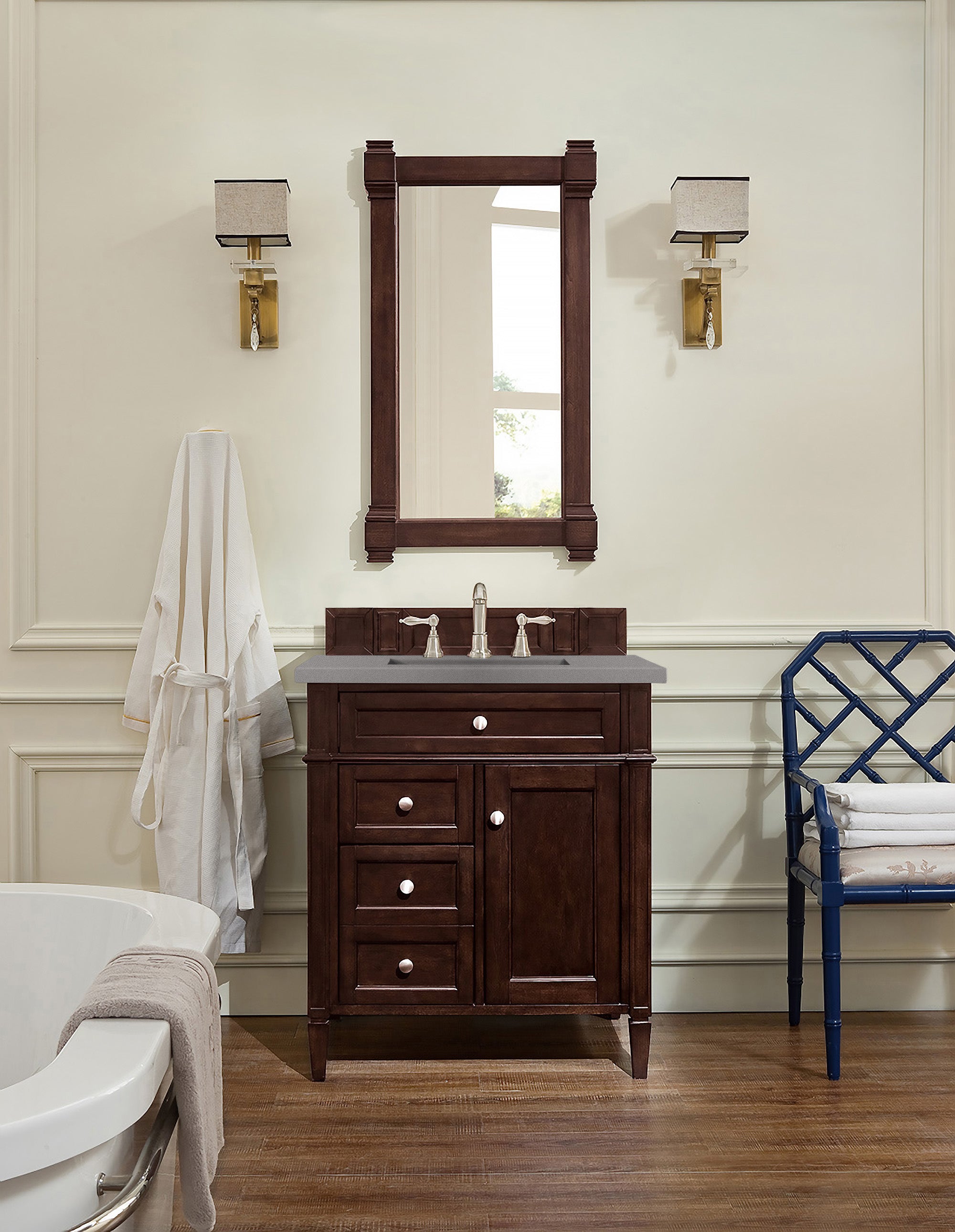 Brittany 30-Inch Single Bathroom Vanity with Burnished Mahogany Finish & 3CM Grey Expo Quartz Countertop - Perfect for Modern Home Bathroom Remodeling