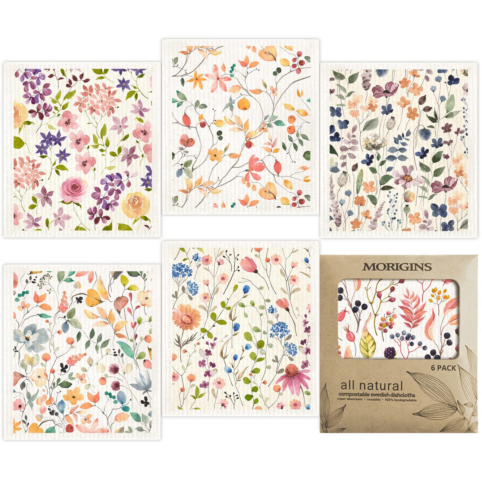 Morigins Floral Swedish Dish Cloths - 6 Pack Eco-Friendly Reusable Kitchen Towels | Biodegradable Cellulose Sponge Cloths for Dishes, Countertops & Cleaning | Perfect for Sustainable Homes & Zero Waste Kitchens