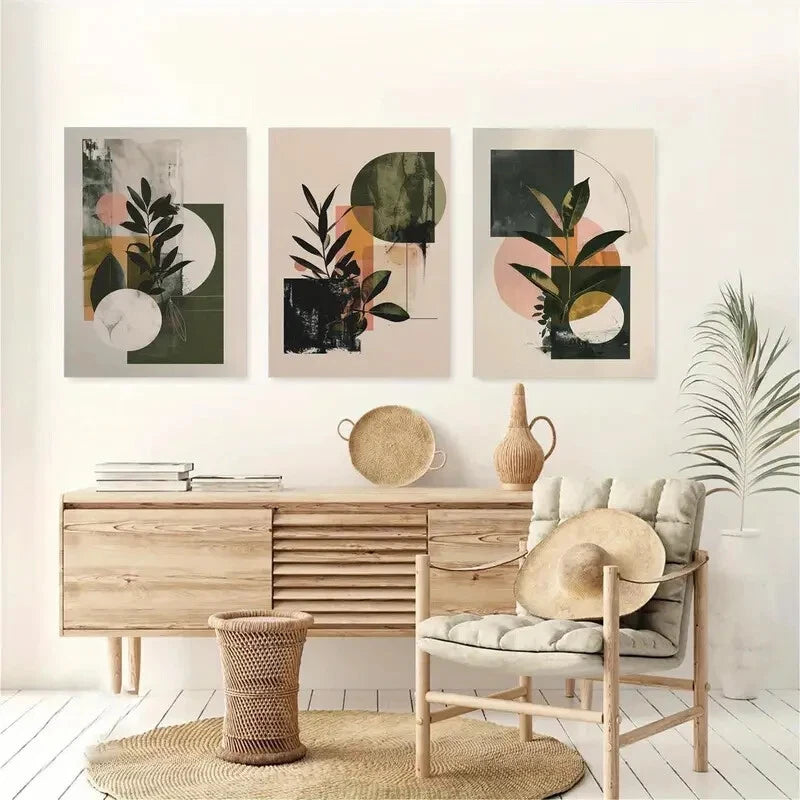 3-Piece Abstract Botanical Earth Tone Boho Metal Wall Art - Ready to Hang Prints for Living Room, Bedroom & Office Decor