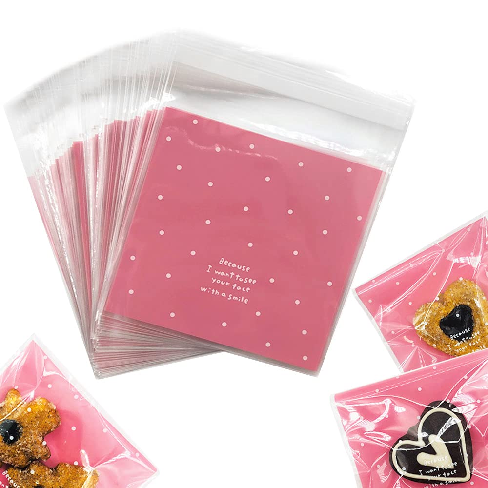 100pcs Pink Self-Adhesive Treat Bags - Small Cellophane Cookie Bags for Candy, Bakery, Party & Wedding Favors (3.94” x 3.94”) | Perfect for Birthday Parties, Baby Showers, Bridal Showers & Holiday Gift Wrapping