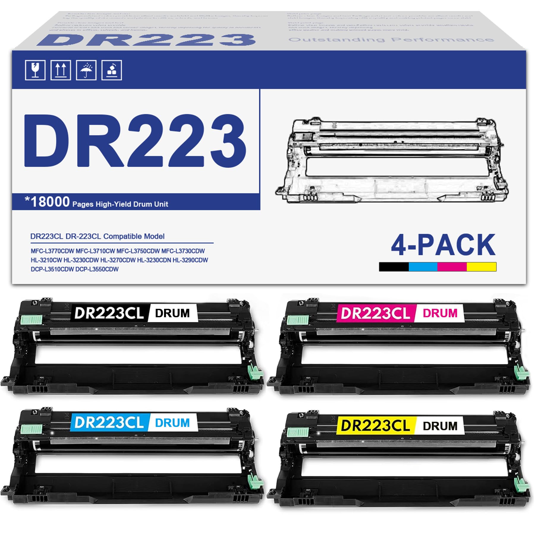 4 Pack DR223 BK/C/M/Y Compatible Drum Unit Set - Replacement for Brother DR-223CL DR223 - Works with MFC-L3770CDW MFC-L3750CDW MFC-L3710CW HL-L3290CDW HL-3230CDW Printers (Toner Not Included) - Ideal for Office & Home Printing Needs