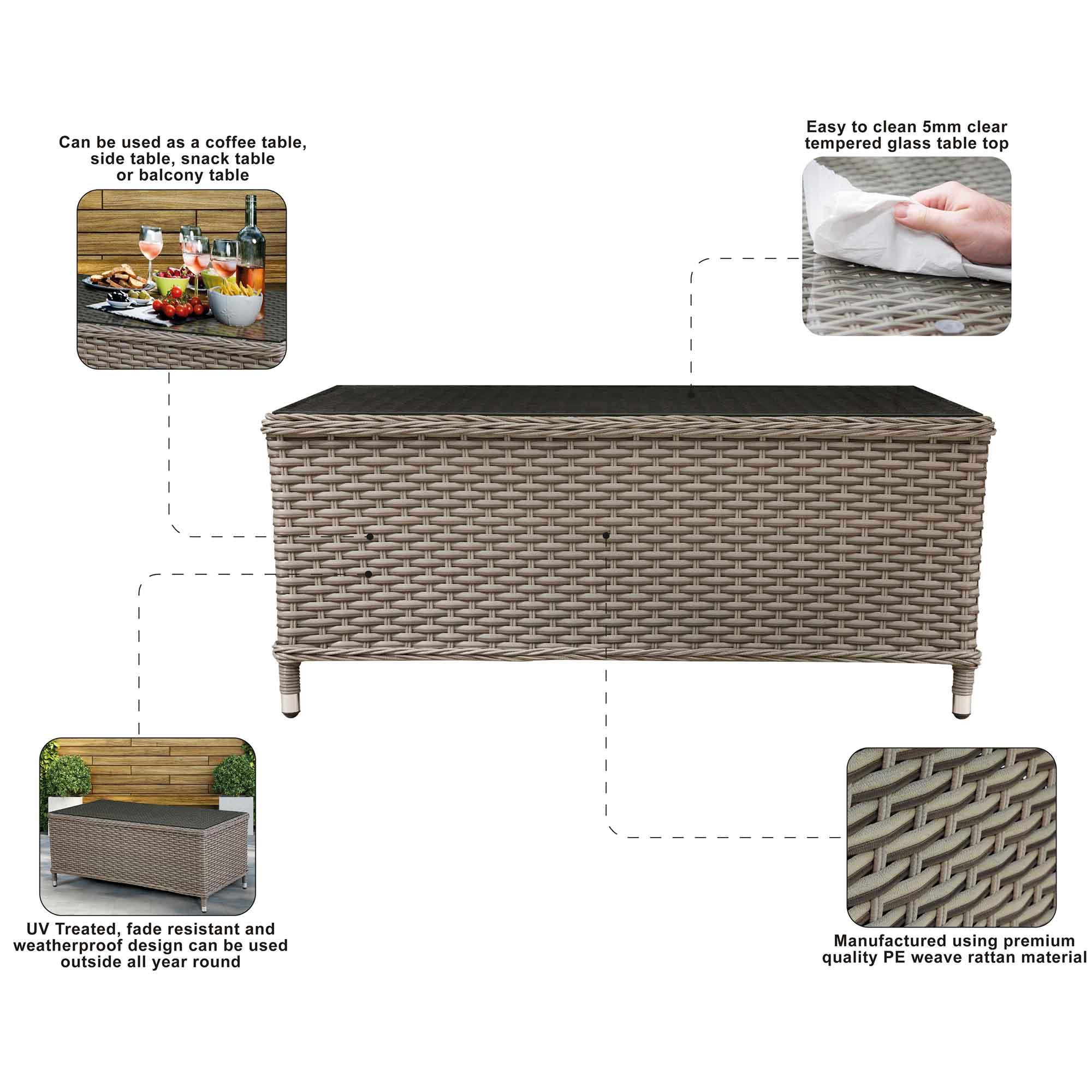 Chester Rattan Wicker Outdoor Coffee Table with Tempered Glass Top - Brown (DG71) | Weather-Resistant Patio Furniture for Garden, Poolside & Backyard Relaxation
