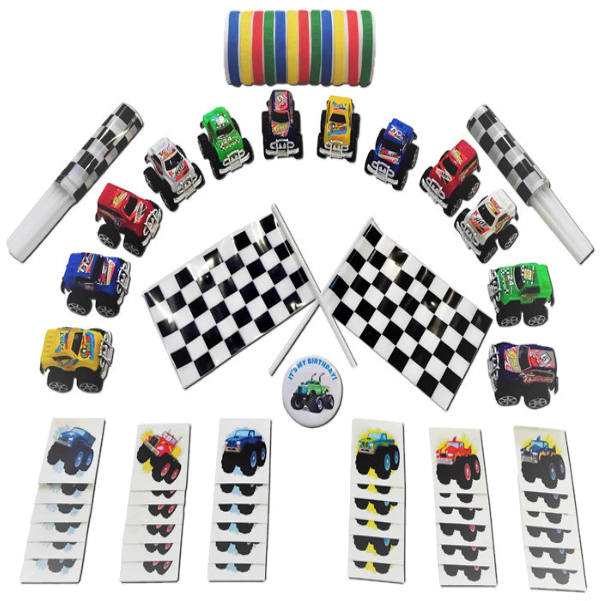 12-Pack Monster Truck Party Favors for Kids - Includes Flags, Tattoos, Rubber Bracelets & Birthday Buttons | Perfect for Birthday Parties, Goodie Bags & Children's Events