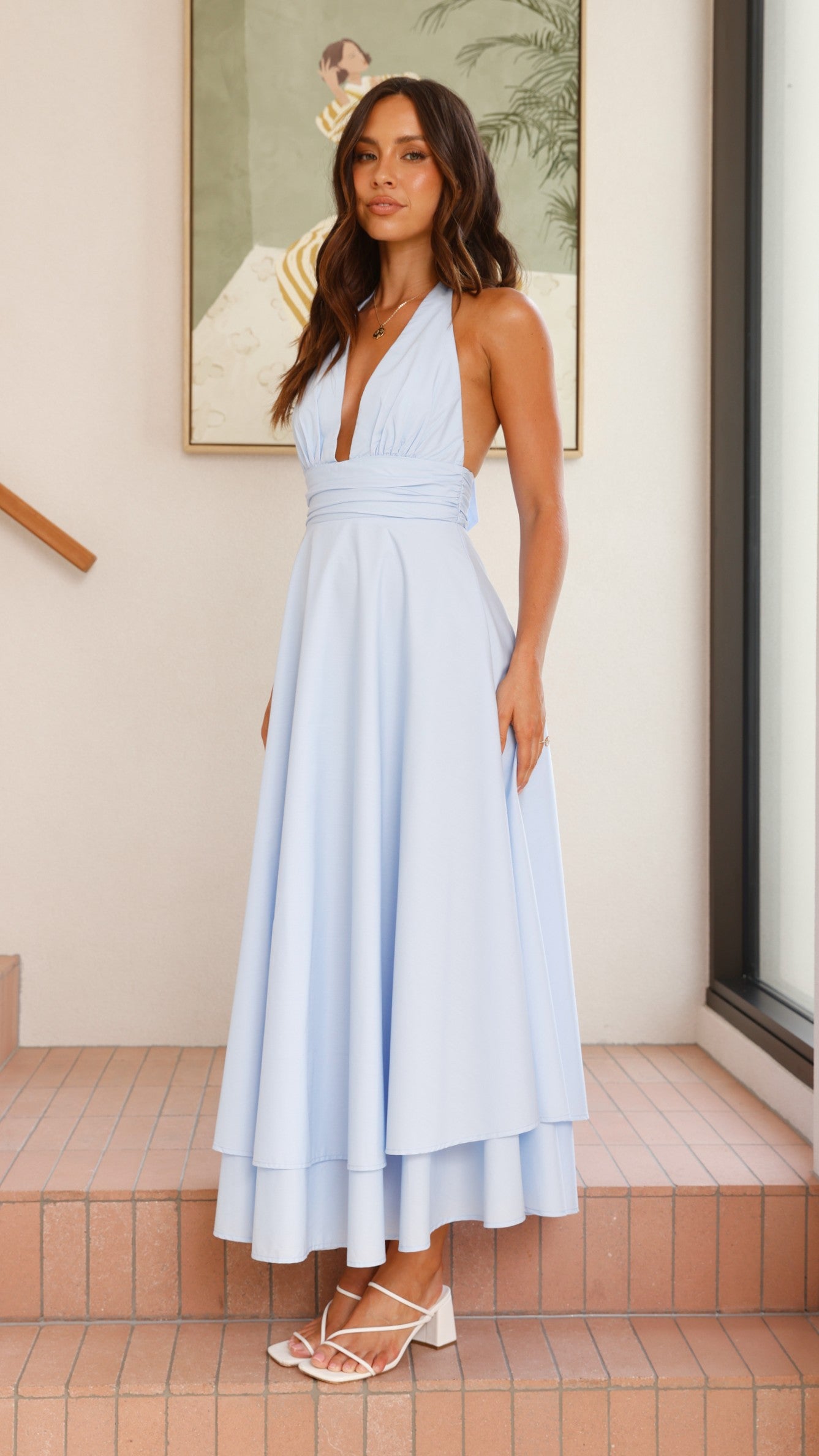 Elegant Kathy Halter Neck Maxi Dress - Light Blue Flowy Summer Dress for Beach, Wedding & Vacation | Women's Fashion