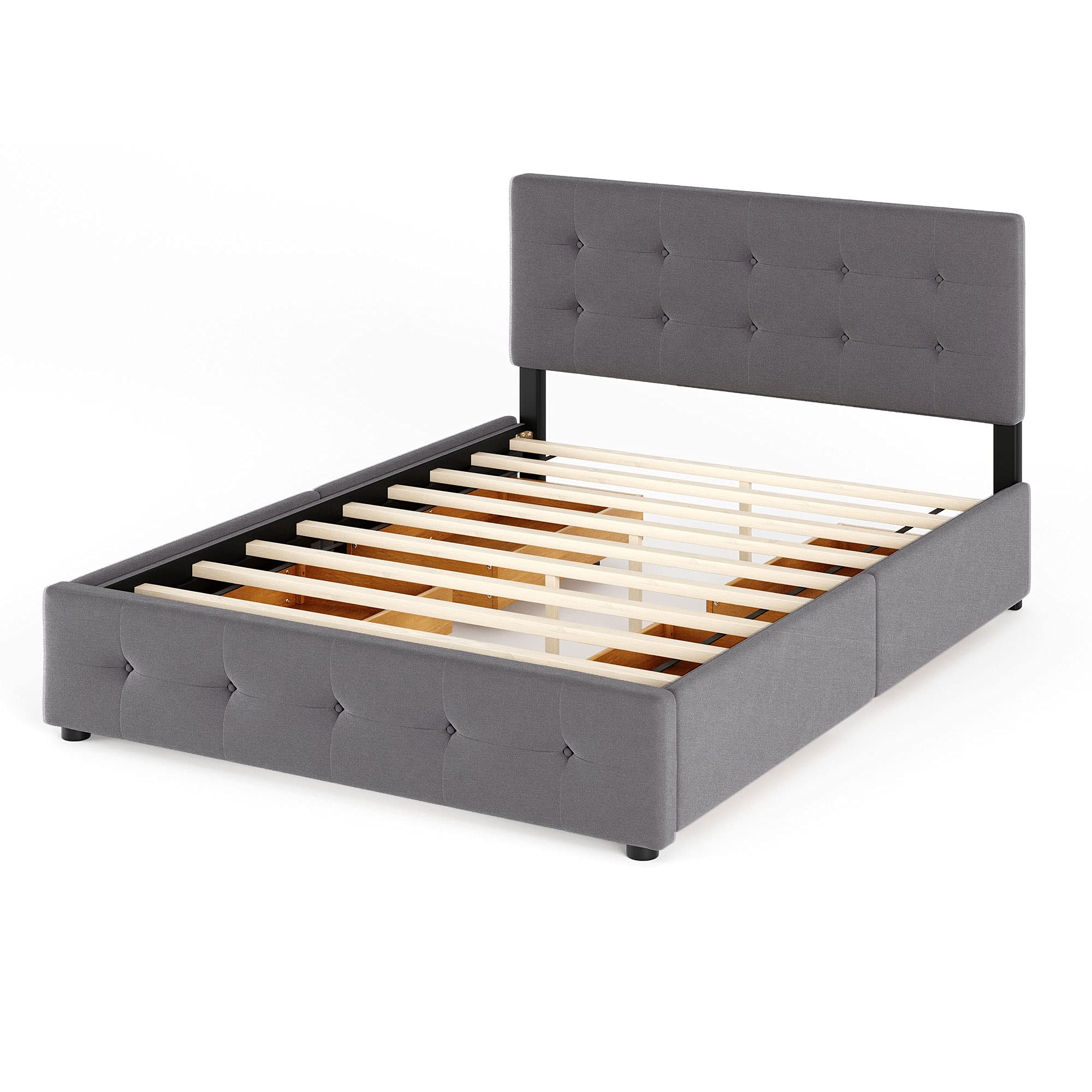 Queen Size Modern Upholstered Platform Bed with 4 Large Drawers - Button Tufted Headboard, Wooden Slat Support & Center Legs - No Box Spring Required (Light Gray) - Perfect for Master Bedrooms, Guest Rooms & Small Spaces