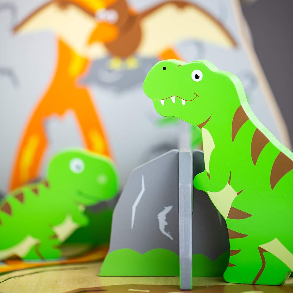 Bigjigs Toys Wooden Dinosaur Island Playset - Complete Prehistoric Toy Set with Volcano & Trees for Kids, Educational STEM Learning & Imaginative Play
