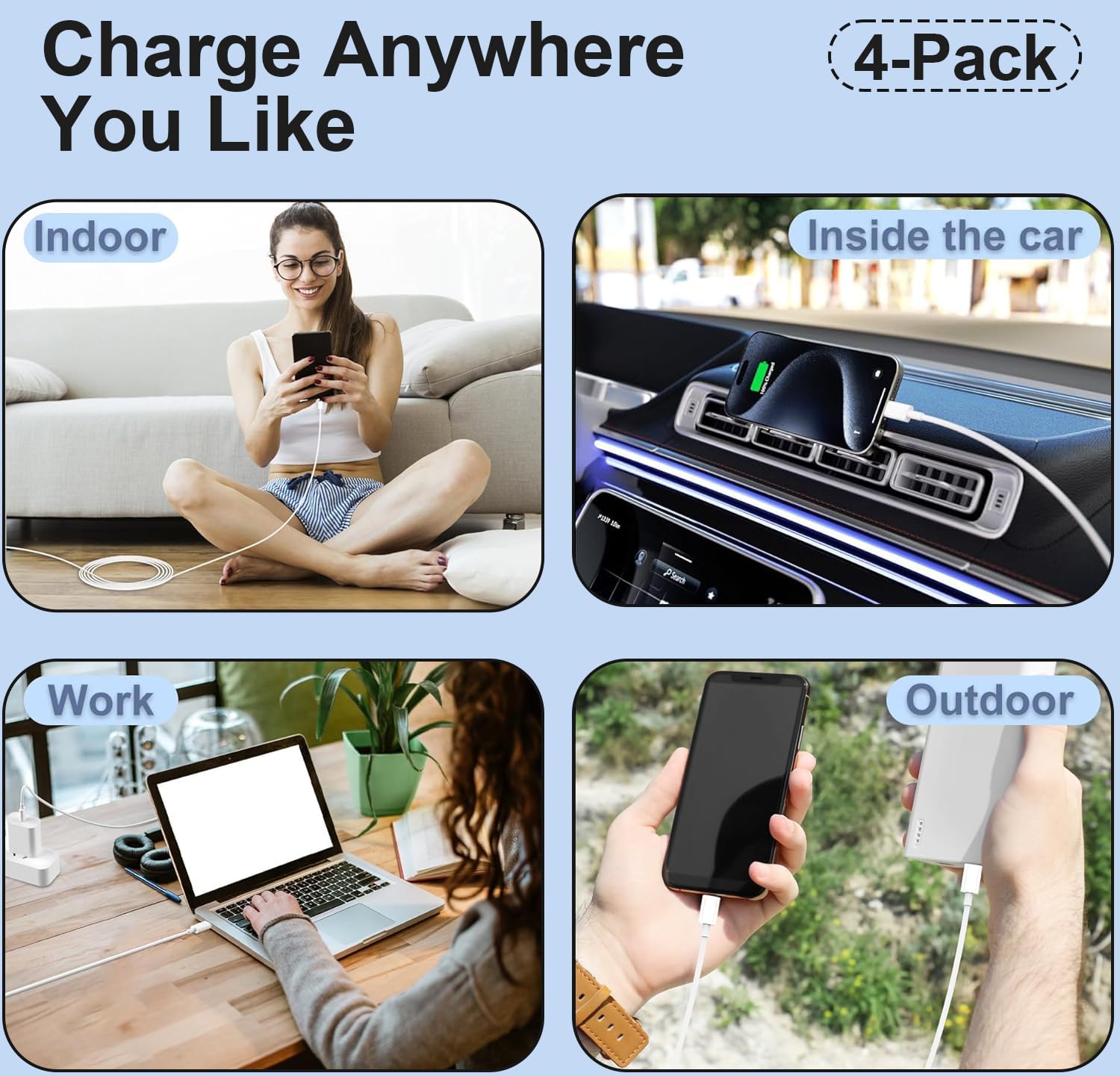 **60W Fast Charging USB C Cable 4-Pack [3/3/6/6FT] - USB C to USB C & USB A to USB C for iPhone 16/15 Pro Max, MacBook Pro/Air, iPad - CarPlay Compatible - Perfect for Home, Office & Travel**