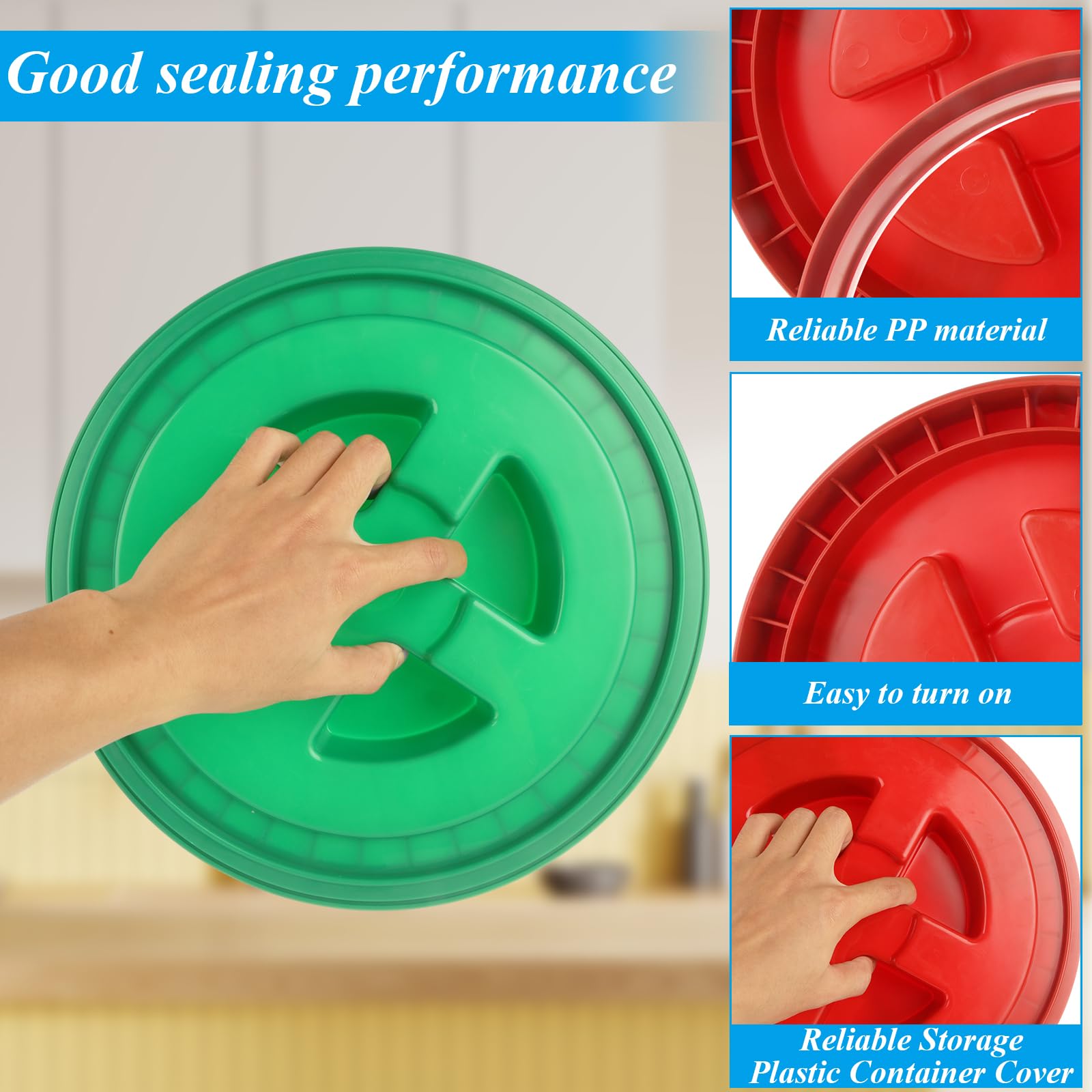 4-Piece 5 Gallon Bucket Lids - Heavy Duty Plastic Screw-On Storage Lids with Leak Proof Seal (Red, Yellow, Blue, Green) for Food Storage, Home Organization & DIY Projects