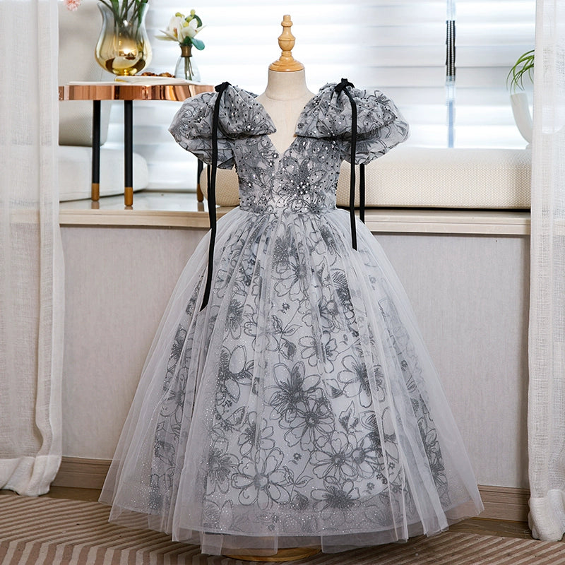 Elegant Baby Girls Puff Sleeve Floral Evening Dress - Toddler Ball Gowns for Special Occasions, Birthday Parties & Photo Shoots