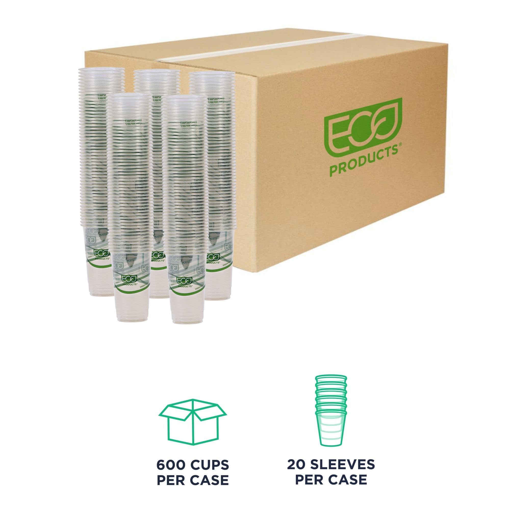 ECO PRODUCTS GreenStripe Clear Compostable 32oz PLA Large Plastic Cups - 600 Count, Plant-Based Disposable Cold Drink Cups for Parties, Picnics & Events | BPI Certified, ASTM D6400 Compliant | Eco-Friendly Alternative to Plastic Cups for Smoothies, Iced Coffee & Beverages