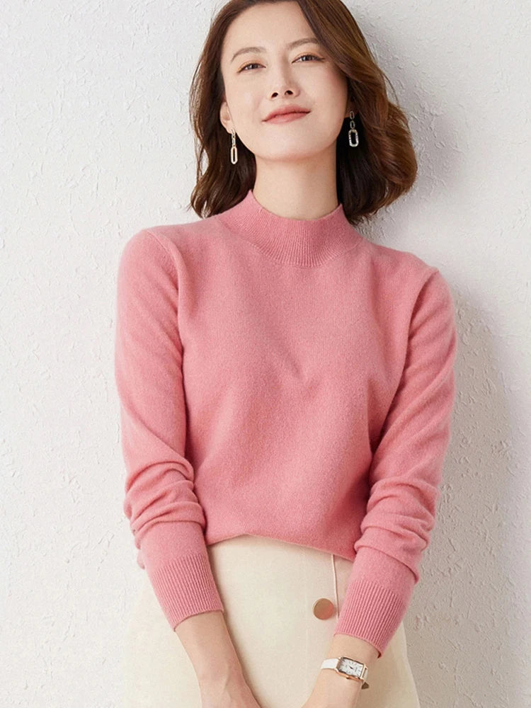 Premium Solid Half High Collar Cashmere Sweater for Women - Soft & Warm Winter Pullover - Perfect for Office, Dating & Holiday Outfits