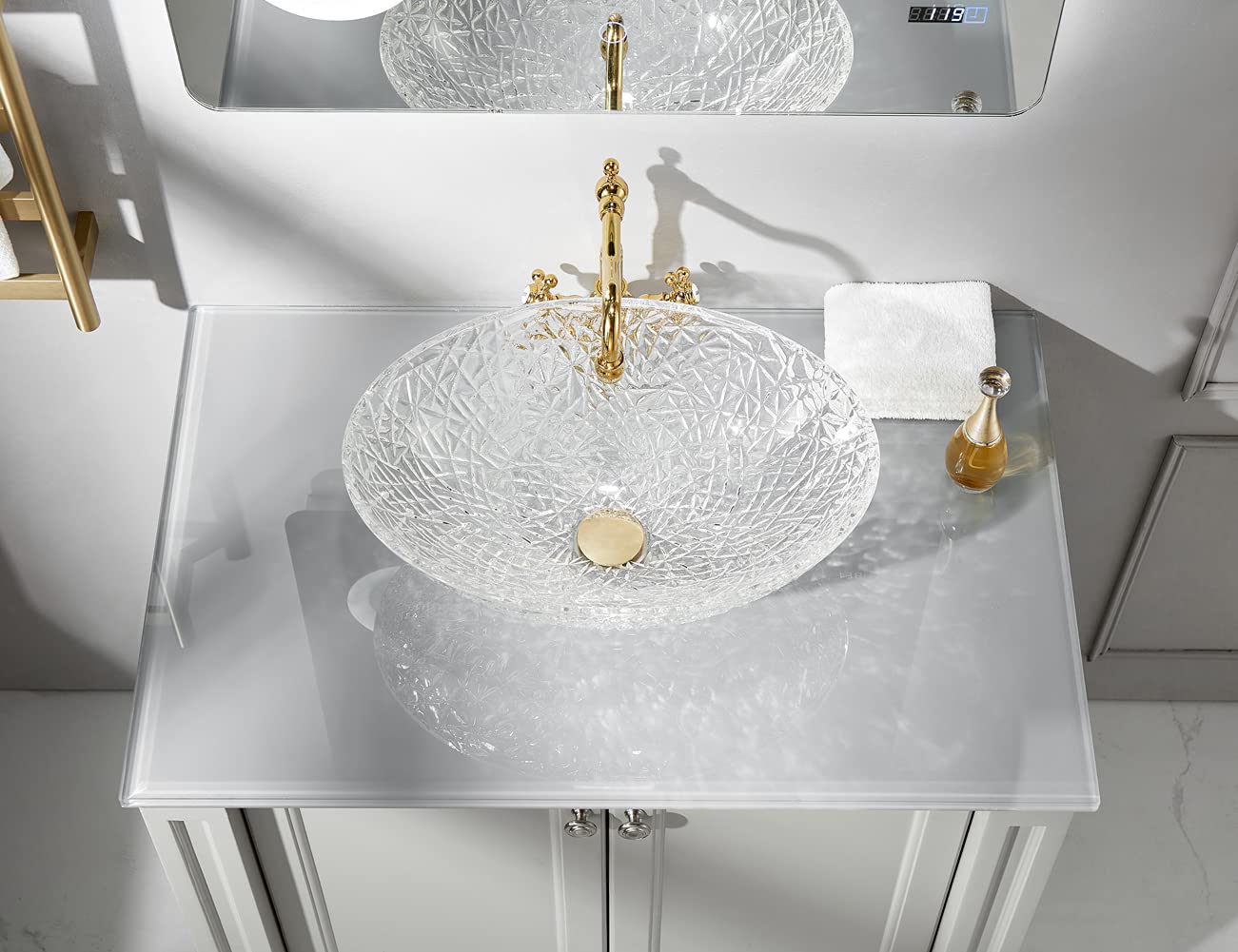 Premium Crystal Glass Vessel Sink - Oval Ice Clear Bathroom Vanity Countertop Sink with Pop-Up Drain | Glossy Surface Finish | Modern Luxury for Spa, Hotel & Upscale Home Bathrooms | FW-LA619