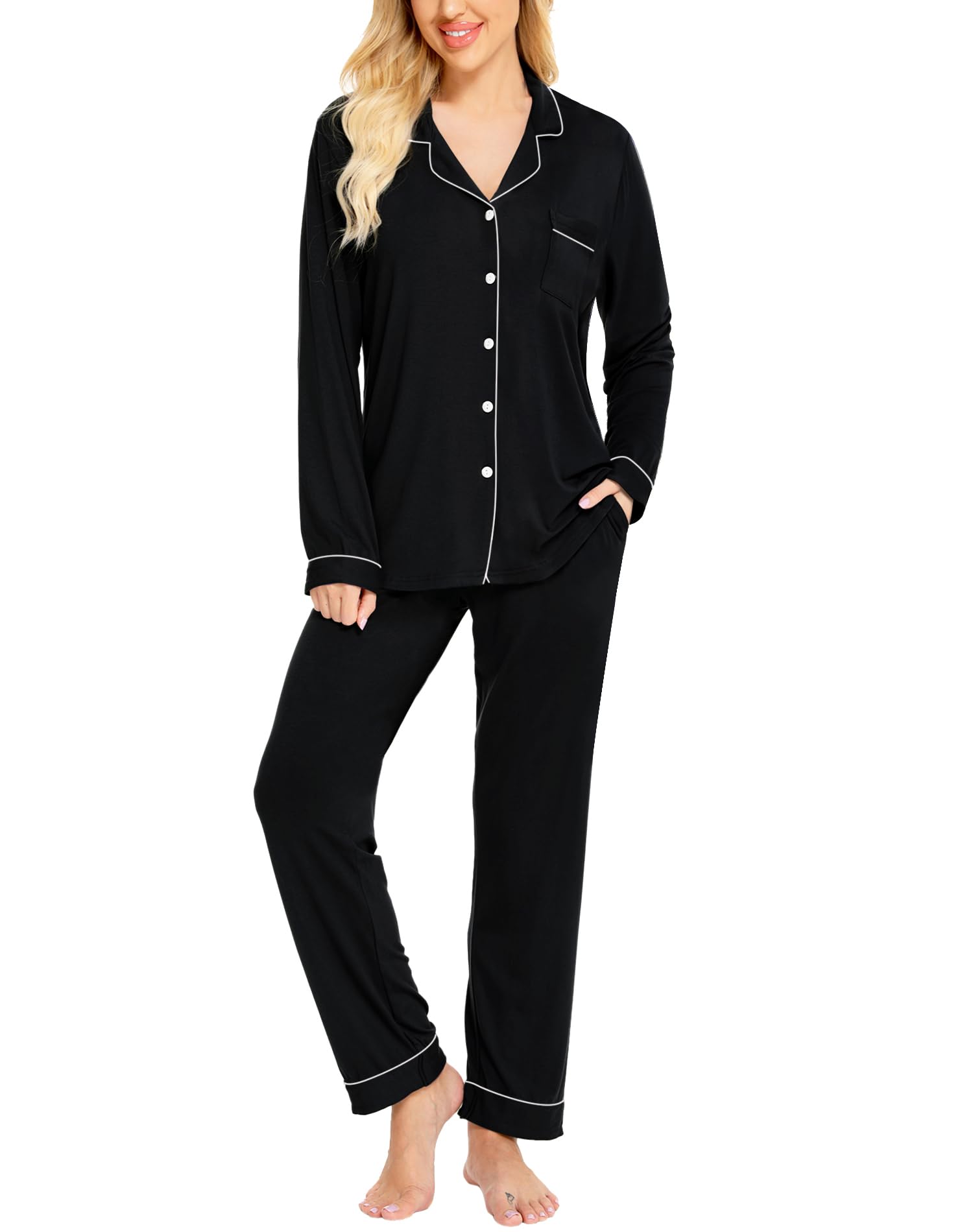 SWOMOG Women's Long Sleeve Pajama Set - Soft Cotton Button Down Sleepwear & Lounge Pjs for Nighttime Comfort, Relaxing at Home, and Cozy Evenings