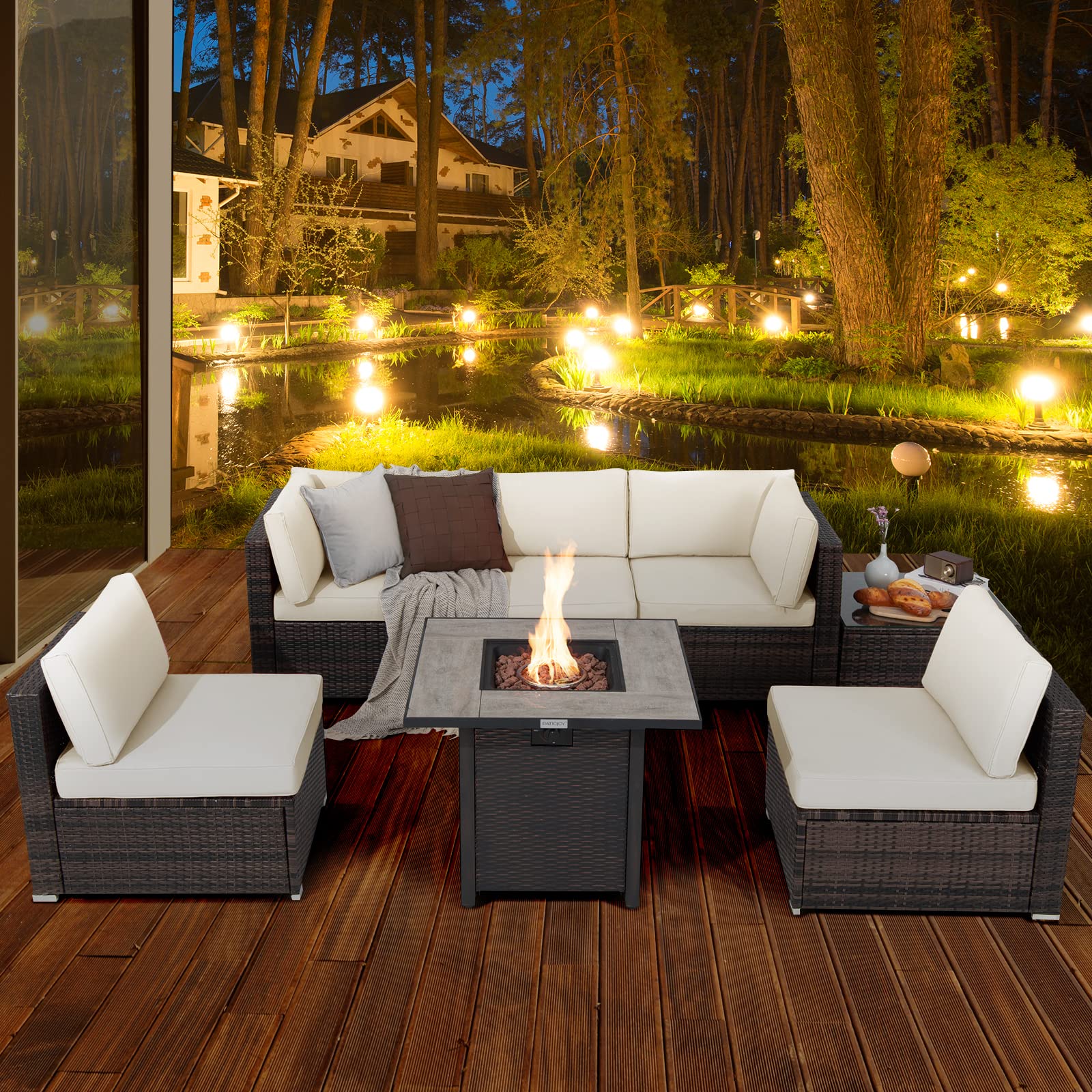 Tangkula 7-Piece Outdoor Patio Furniture Set with Fire Pit Table - PE Wicker Sectional Sofa, 30
