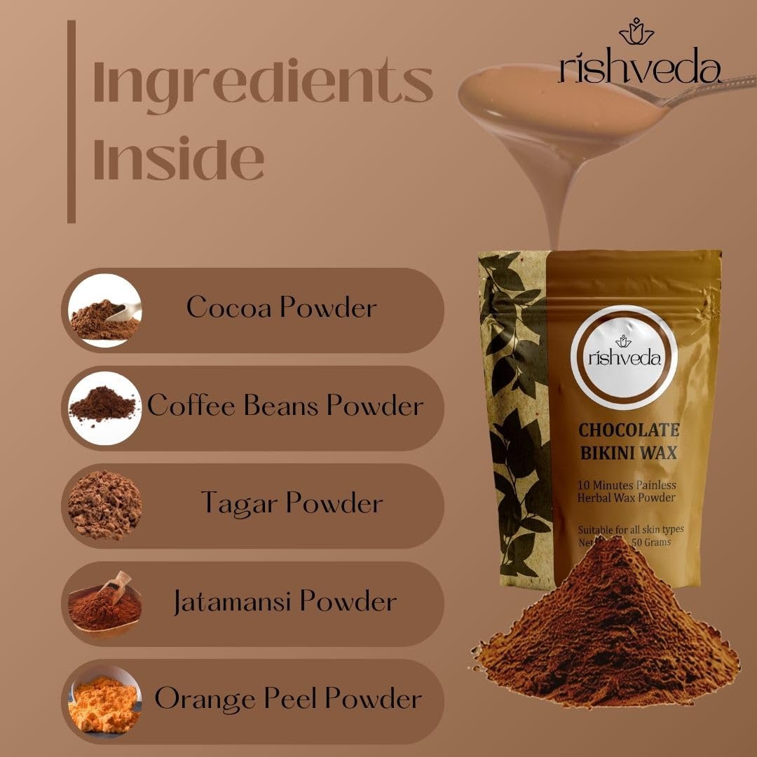 Rishveda Chocolate Bikini Wax - Natural Herbal Hair Removal Powder for Women | Painless 10-Minute Waxing | 50g Pack | Perfect for Smooth Skin at Home, Salon, or Travel