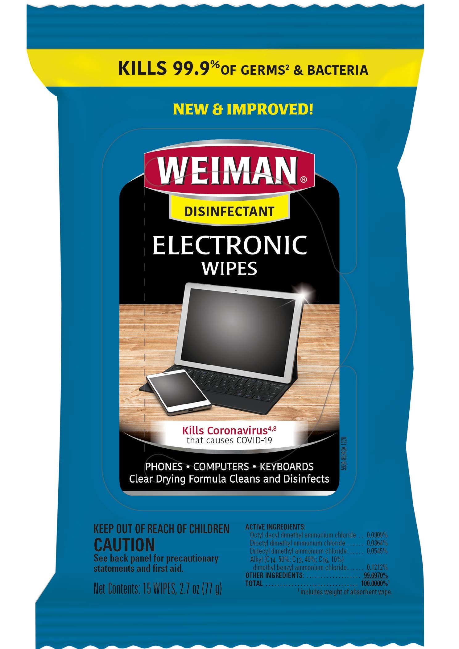 Weiman Disinfecting Electronic Wipes - Safe Cleaning for Screens, Laptops, Computers, TVs & Electronics | Antibacterial Tech Cleaning Wipes for Home, Office & School Use