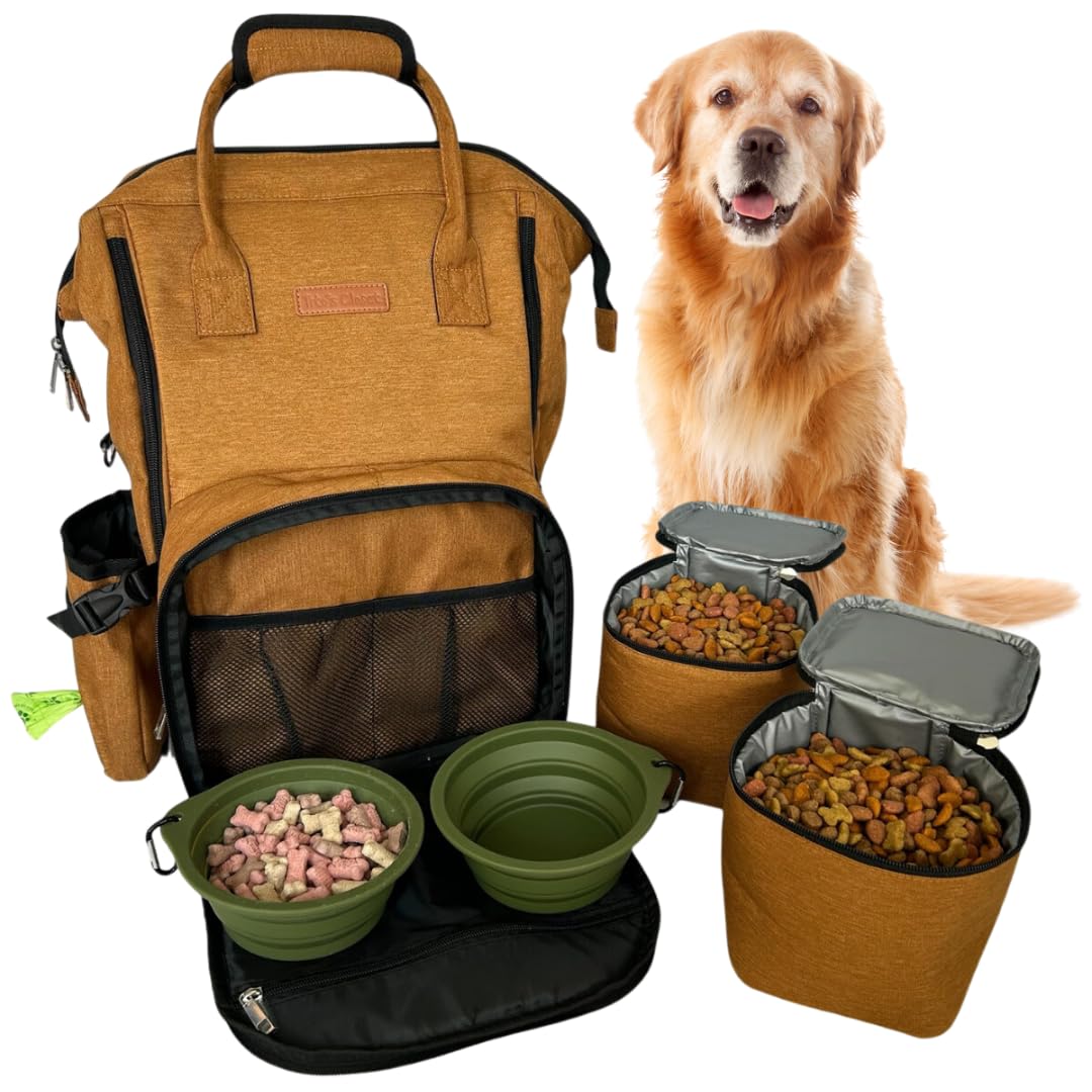 Tito's Closet Premium Pet Travel Bag Set - 2 Pack Collapsible Dog Bowls, 2 Food Storage Containers & Treat Pouch for Dogs (Brown) | Perfect for Road Trips, Hiking & Air Travel | Model DB2024