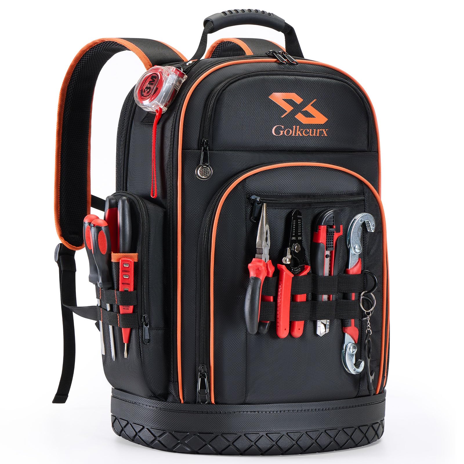 Golkcurx Heavy Duty 1680D Tool Backpack - Durable Molded Base Tool Bag for Electricians, Plumbers & Contractors - Perfect for Job Sites, Construction Work & Outdoor Repairs