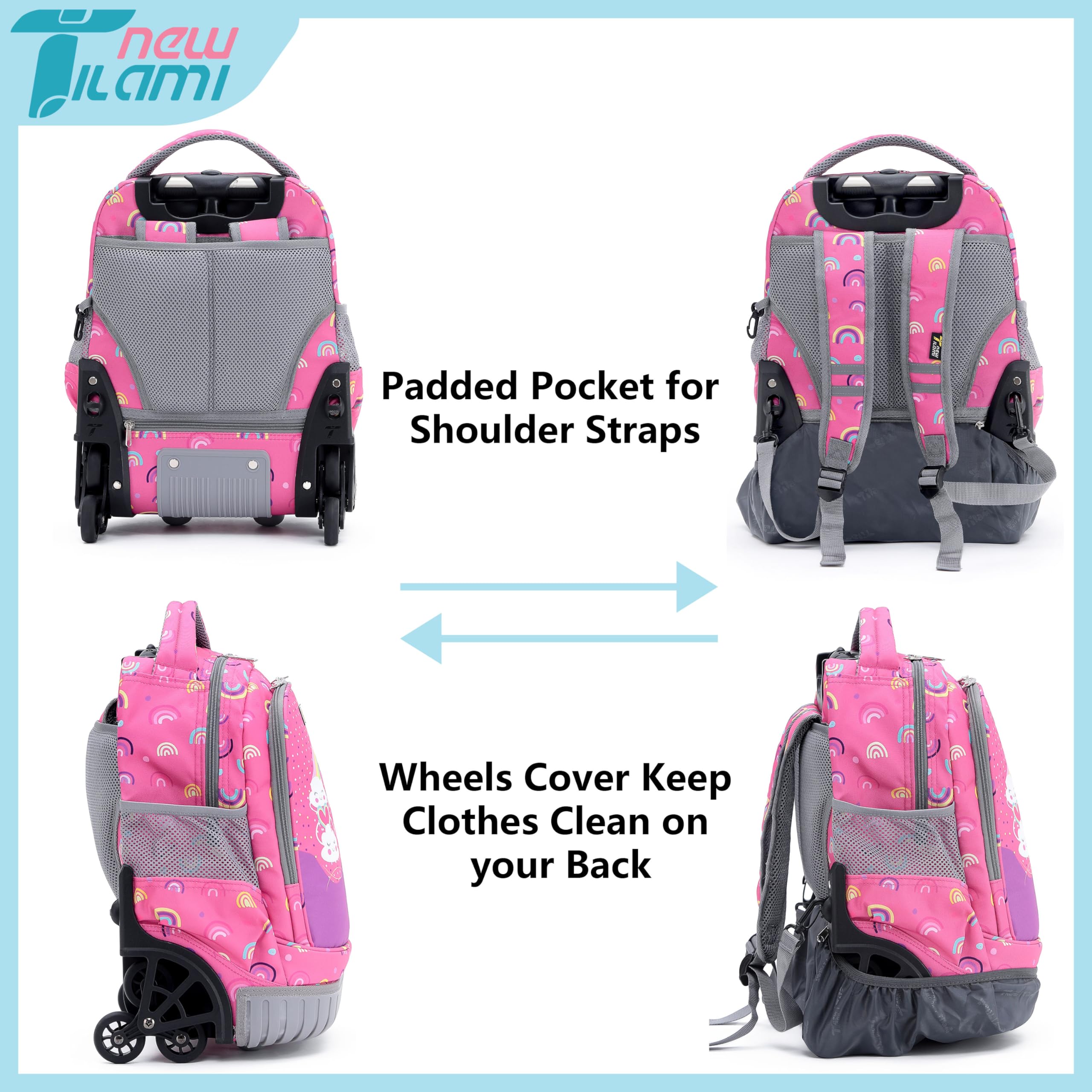 TILAMI 16 Inch Rolling Backpack for Kids - Adjustable Wheeled Laptop Backpack for Boys & Girls, School, Travel, Camping - Rainbow Unicorn Design | Perfect for Daily Commute, Weekend Trips & Outdoor Adventures