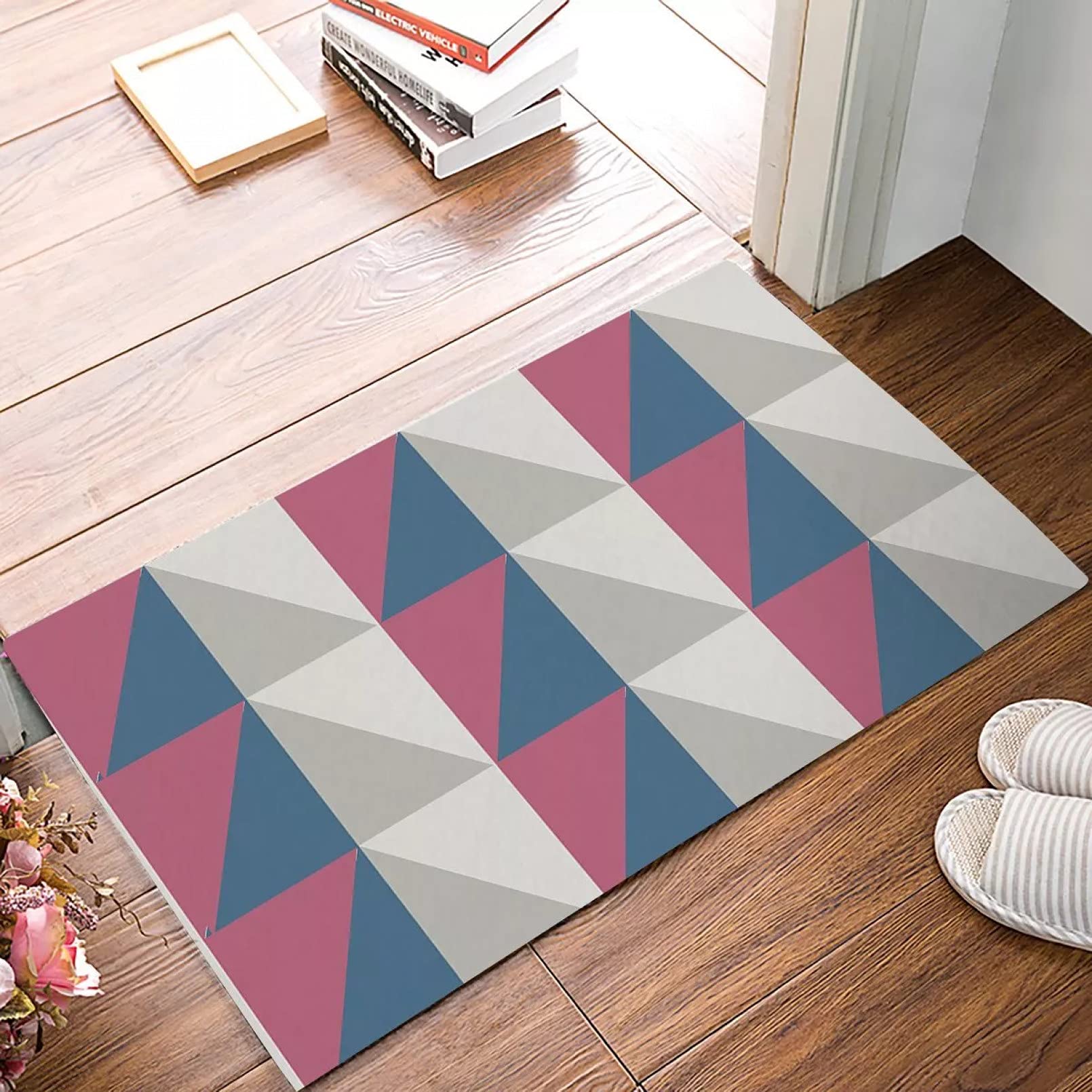 Modern Pink and Grey Triangle Geometric Non-Slip Door Mat - Absorbent Kitchen Bathroom Entrance Rug - Waterproof Indoor Floor Mat for Home, Office, Dorm - Perfect Gift for Housewarming, Wedding, Christmas