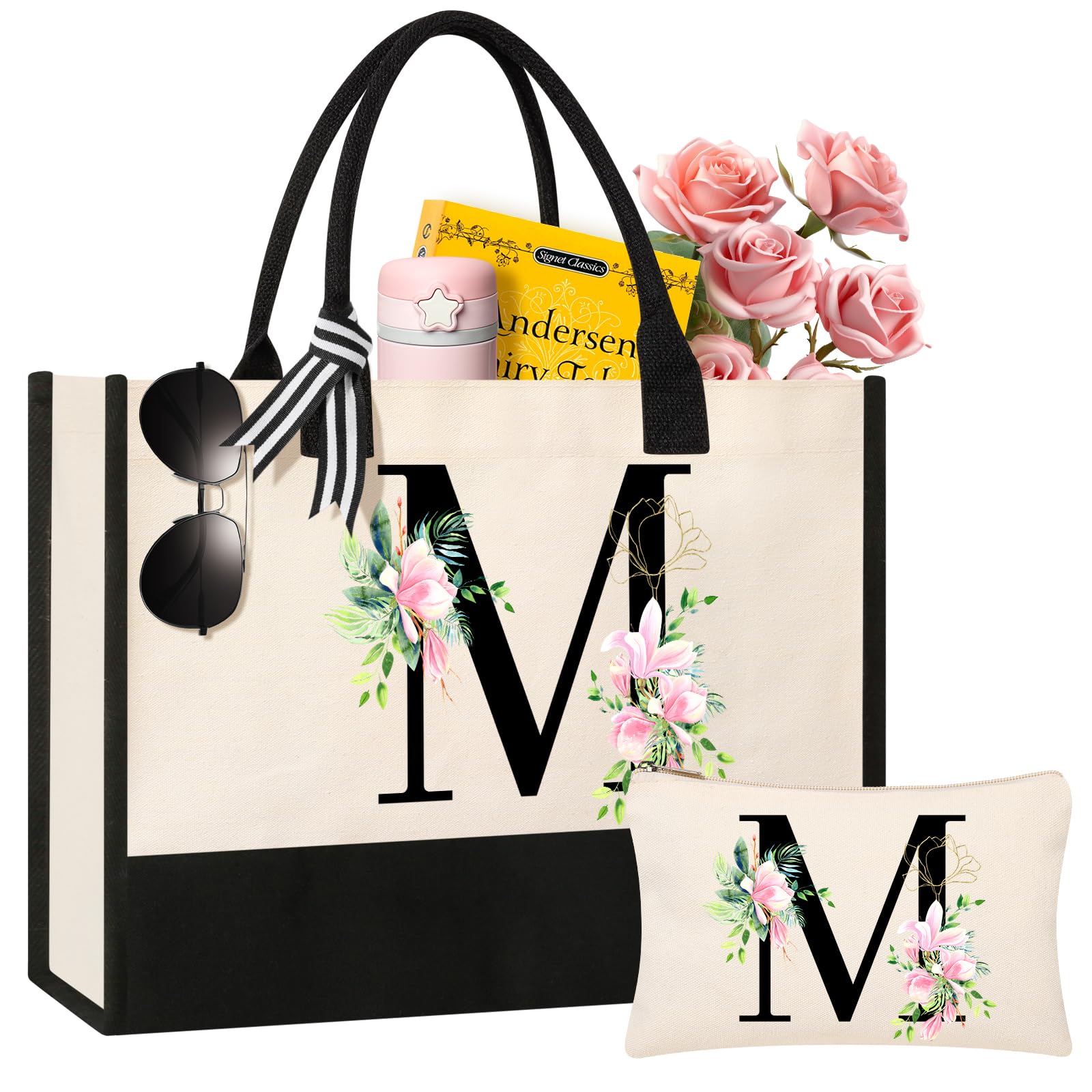 Personalized Monogram Canvas Beach Bag - Custom Initial Cosmetic & Makeup Tote for Women - Perfect Gift for Sister, Mom, Teacher & Bridesmaid - Great for Beach Trips, Travel & Daily Use (Medium Size)