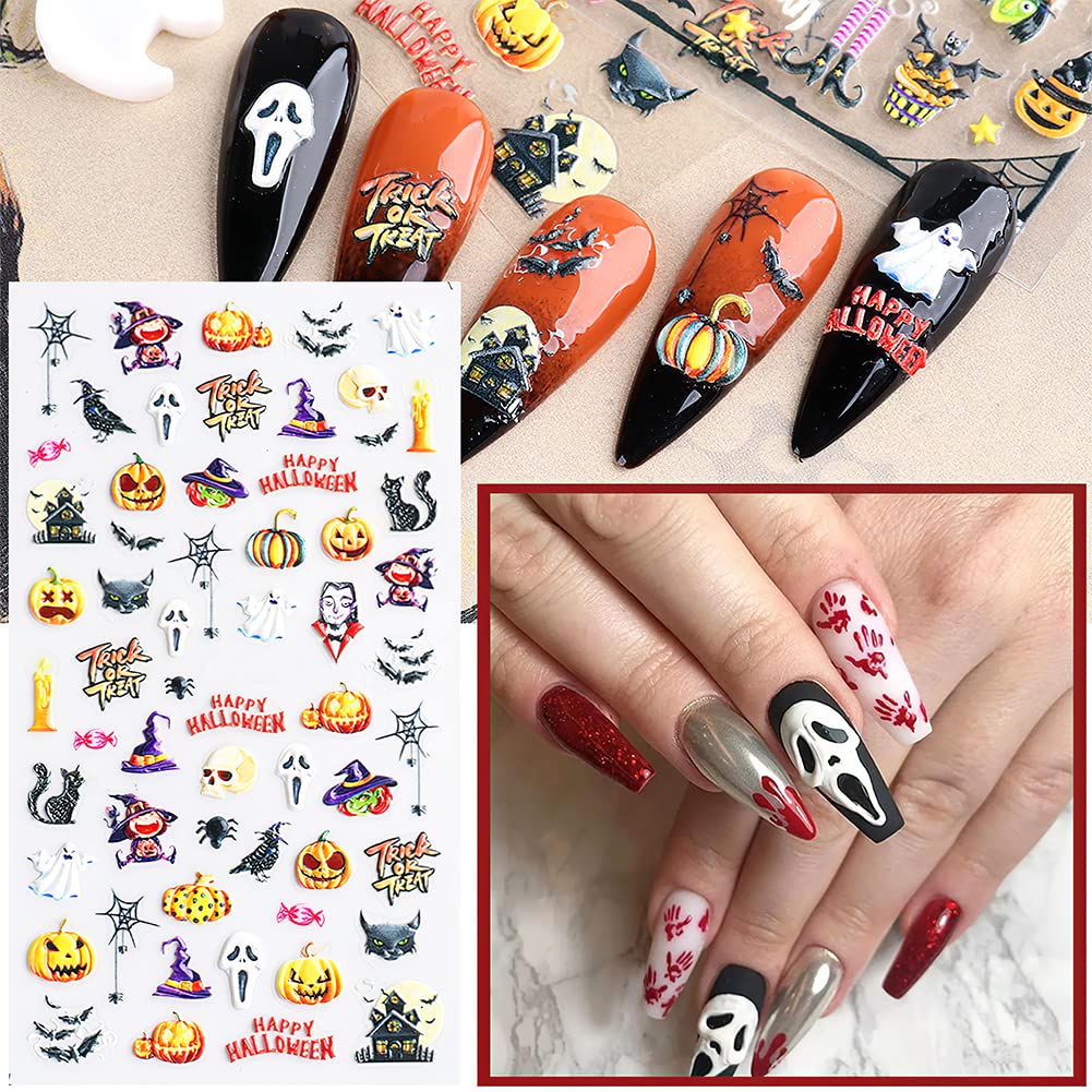 5D Halloween Nail Art Stickers - 3D Embossed Nail Decals with Strong Adhesive for Women, Girls & Kids | Perfect for Halloween Parties, Costume Accessories & Nail Art Designs
