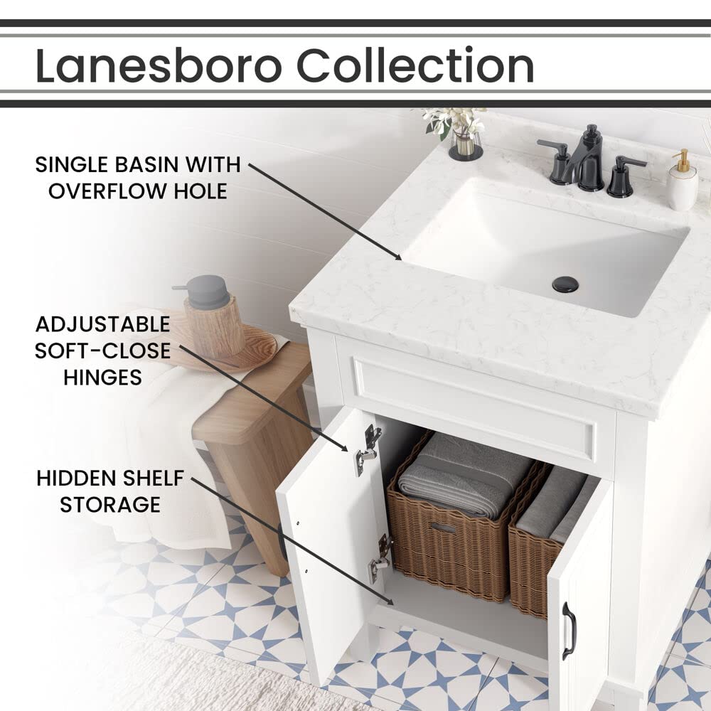 Hanover Lanesboro 24'' White Bathroom Vanity Set with Sink, Mirror & Stone Countertop - Pre-Assembled 2-Door Cabinet for Powder Room or Master Bath | HANVN0105-24-0WH | Perfect for Small Bathrooms & Guest Suites