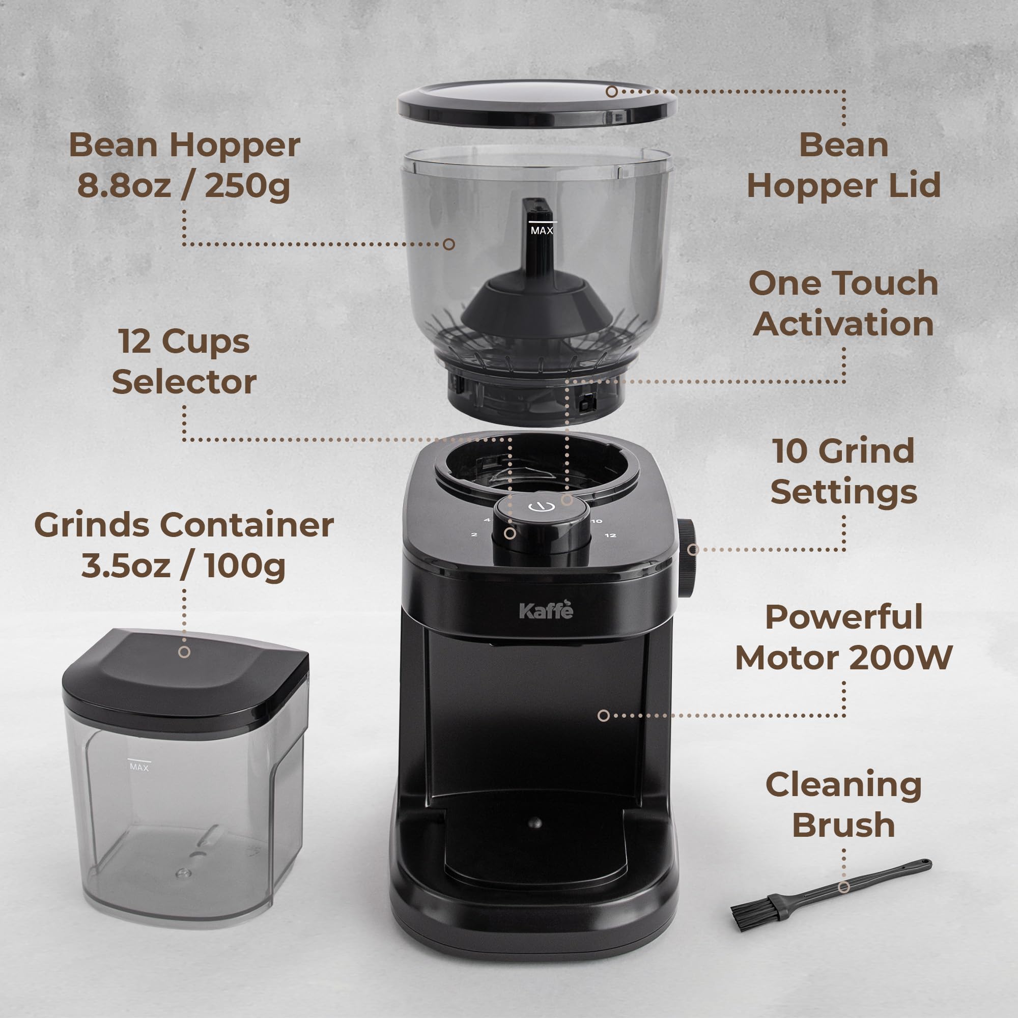 Premium Kaffe Electric Burr Coffee Grinder - 8oz Capacity with Adjustable Coarseness Settings & Timer - Flat Burr Design for Espresso, French Press & Drip Coffee - Perfect for Home Baristas & Coffee Enthusiasts - Black - Ideal for Morning Brews, Office Use & Gift Giving