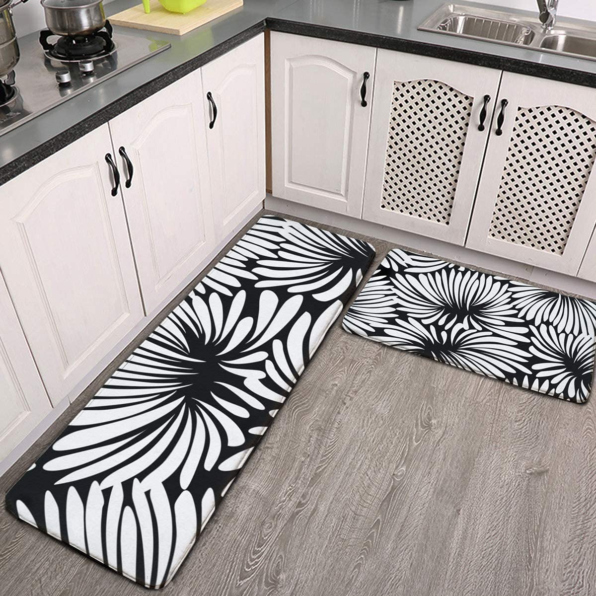 Anti-Fatigue Kitchen Mats Set of 2 - Cushioned Floral Chrysanthemum Design Floor Mats for Kitchen, Sink Area & Standing Desk - Non-Slip Black & White Decor Rug for Hallway, Office & Home Use