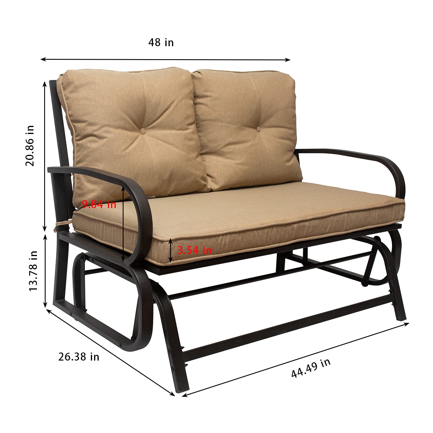 2-Person Outdoor Swing Glider Rocking Chair Set with Cushions - Steel Frame Patio Loveseat Bench for Garden, Porch, Backyard, Poolside & Lawn - Perfect for Relaxing, Sunbathing & Outdoor Entertaining (Khaki)