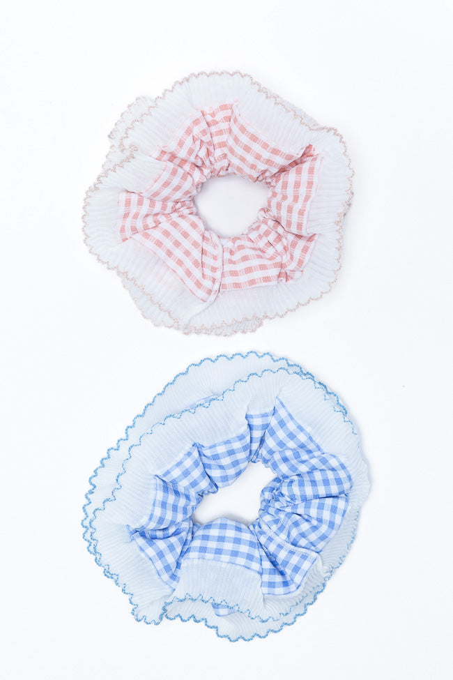 Pink and Blue Gingham Scrunchie Set - 6 Pack Hair Ties for Women & Girls - Soft Elastic Hair Accessories for Ponytails, Buns & Braids - Trendy Hair Bands for Everyday, Workout & School