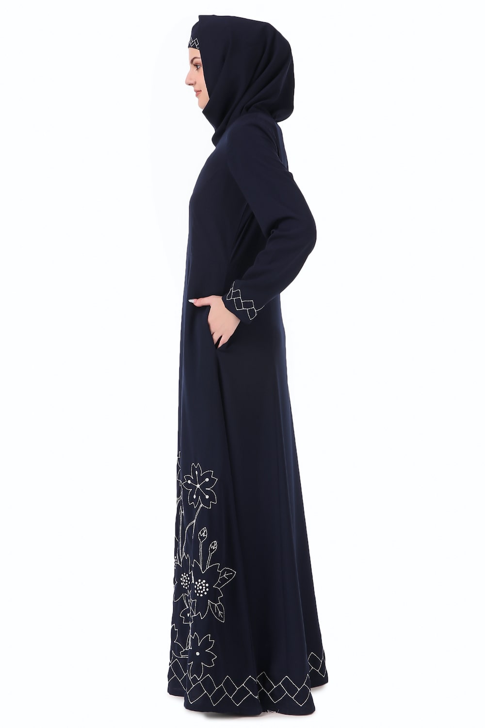 Elegant Floral Geo Embroidery Navy Blue Abaya Dress for Women - Perfect for Islamic Prayer, Special Occasions & Modest Fashion