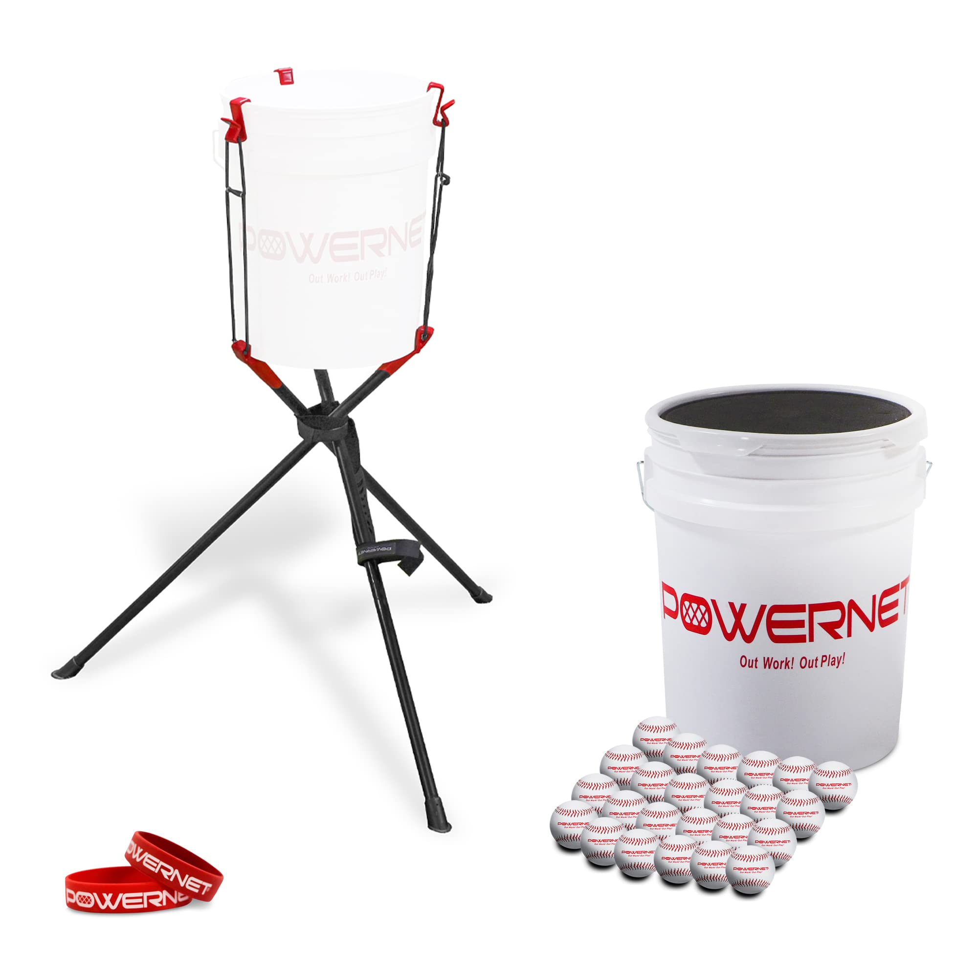 PowerNet Bucket with Bucket Caddy and 24 Pack Baseballs - Durable Baseball Training Equipment for Pitching, Fielding & Batting Practice | Perfect for Coaches, Teams & Backyard Training
