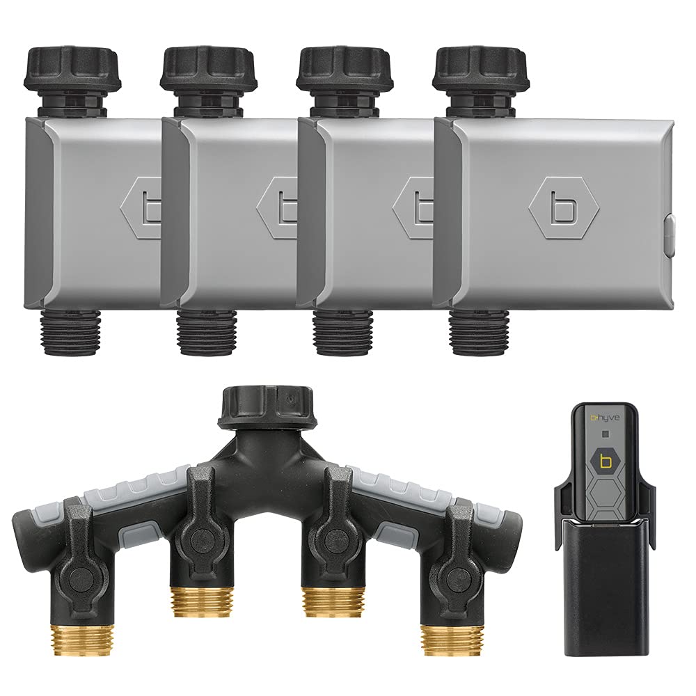 Orbit 21044 B-hyve Smart WiFi Hose Watering Timer 4-Pack with Hub & Manifold - Gray | Automatic Garden Irrigation System for Lawns, Plants & Outdoor Watering