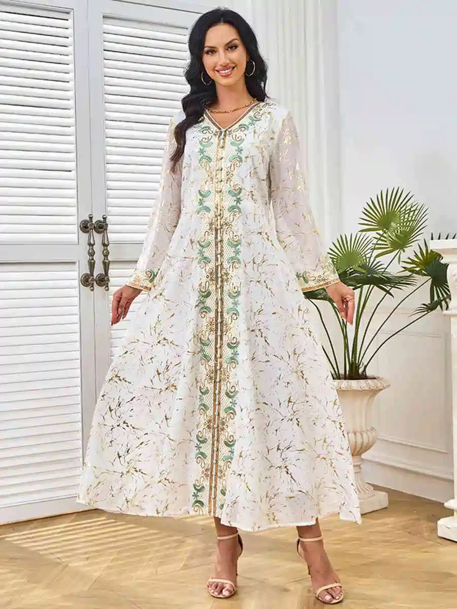 Elegant Eid Bronzing Kaftan Dress for Women - Party & Wedding Guest Outfit - Boho Maxi Dress with Embroidery - Perfect for Special Occasions, Festivals & Celebrations