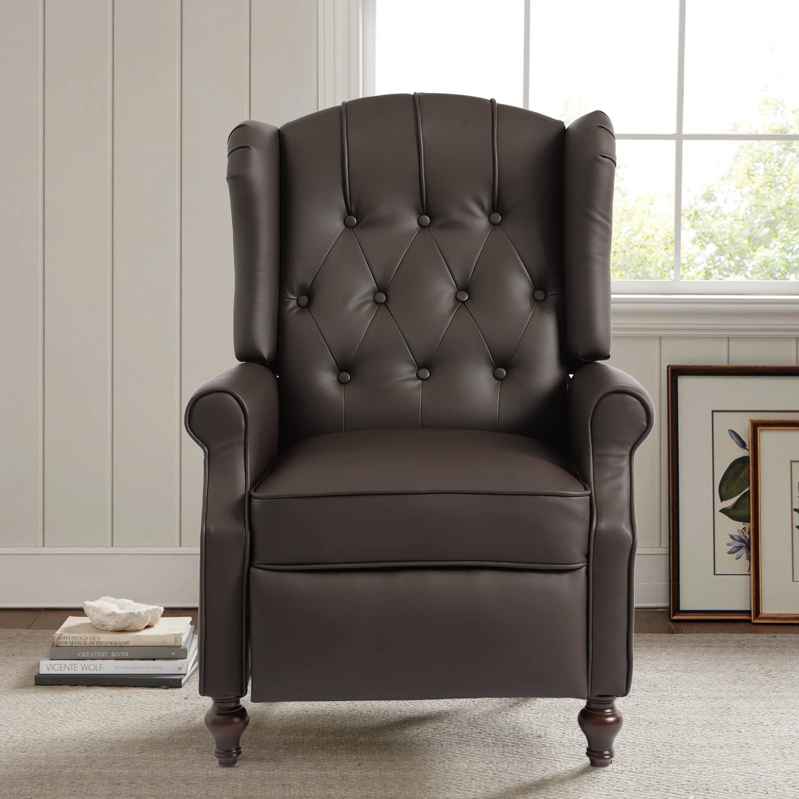 Elizabeth Vintage Style Wingback Recliner Chair - Tufted Upholstered Club Chair with Vibration Massage, Heating & Side Pockets | PU Leather Brown Living Room Accent Chair for Relaxation & Home Theater