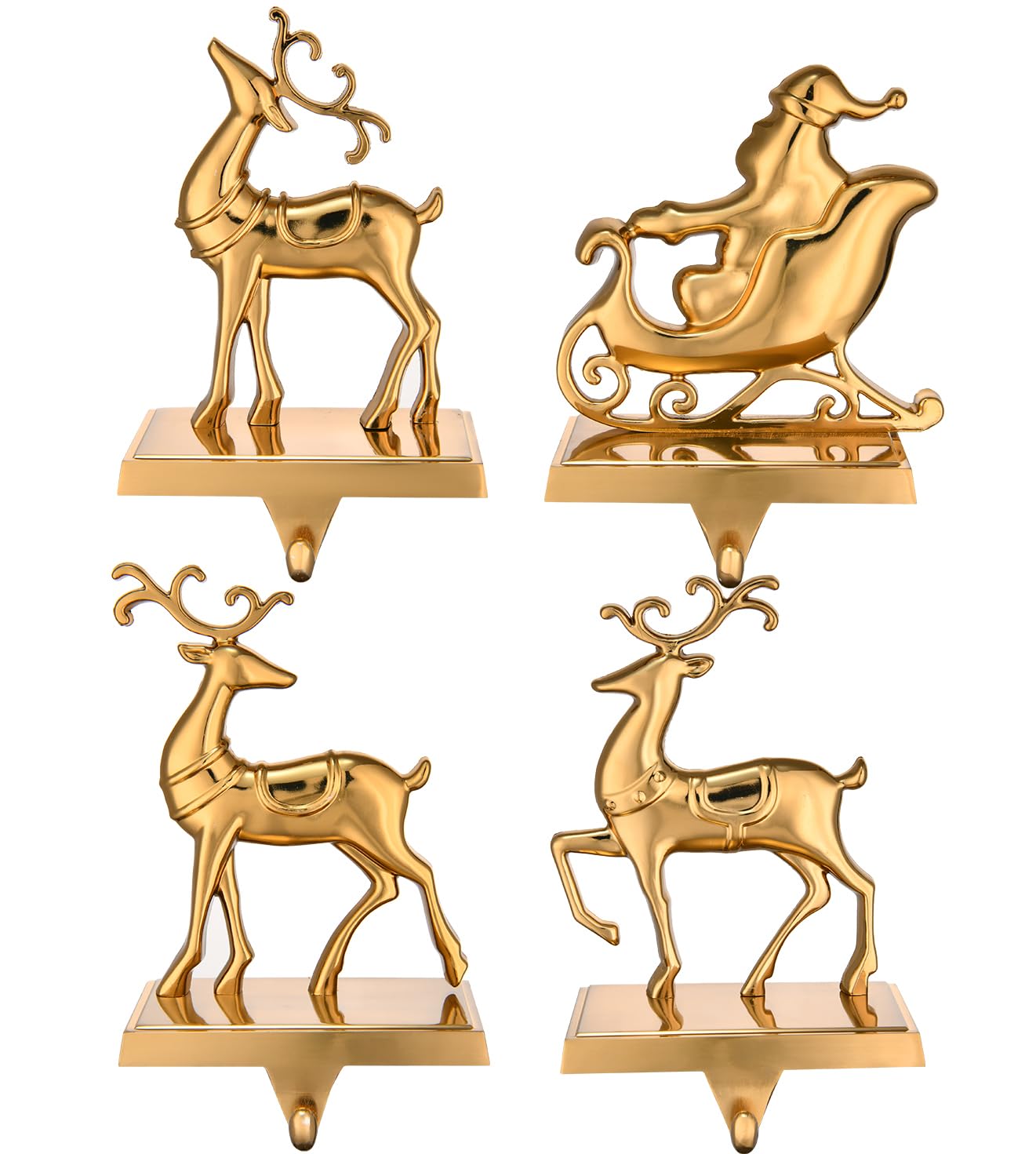 Reindeer Christmas Stocking Hangers for Mantel - Set of 4 Antique Gold Fireplace Stocking Holders, Xmas Mantel Hooks for Hanging Stockings & Ornaments - Perfect for Holiday Decor & Festive Fireplace Displays