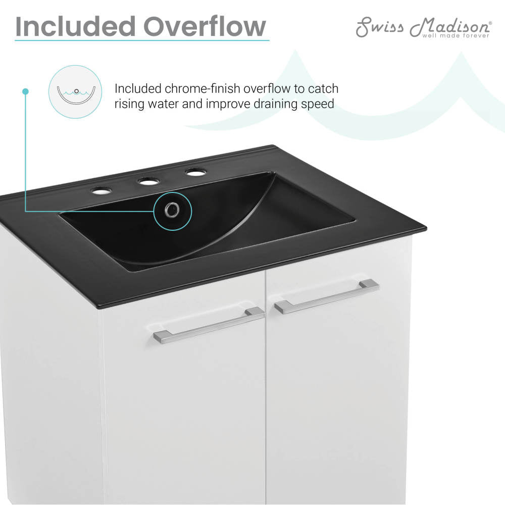 Annecy 24 Inch White Bathroom Vanity with Black 3-Hole Ceramic Sink Top - Modern Bathroom Storage for Small Spaces & Powder Rooms