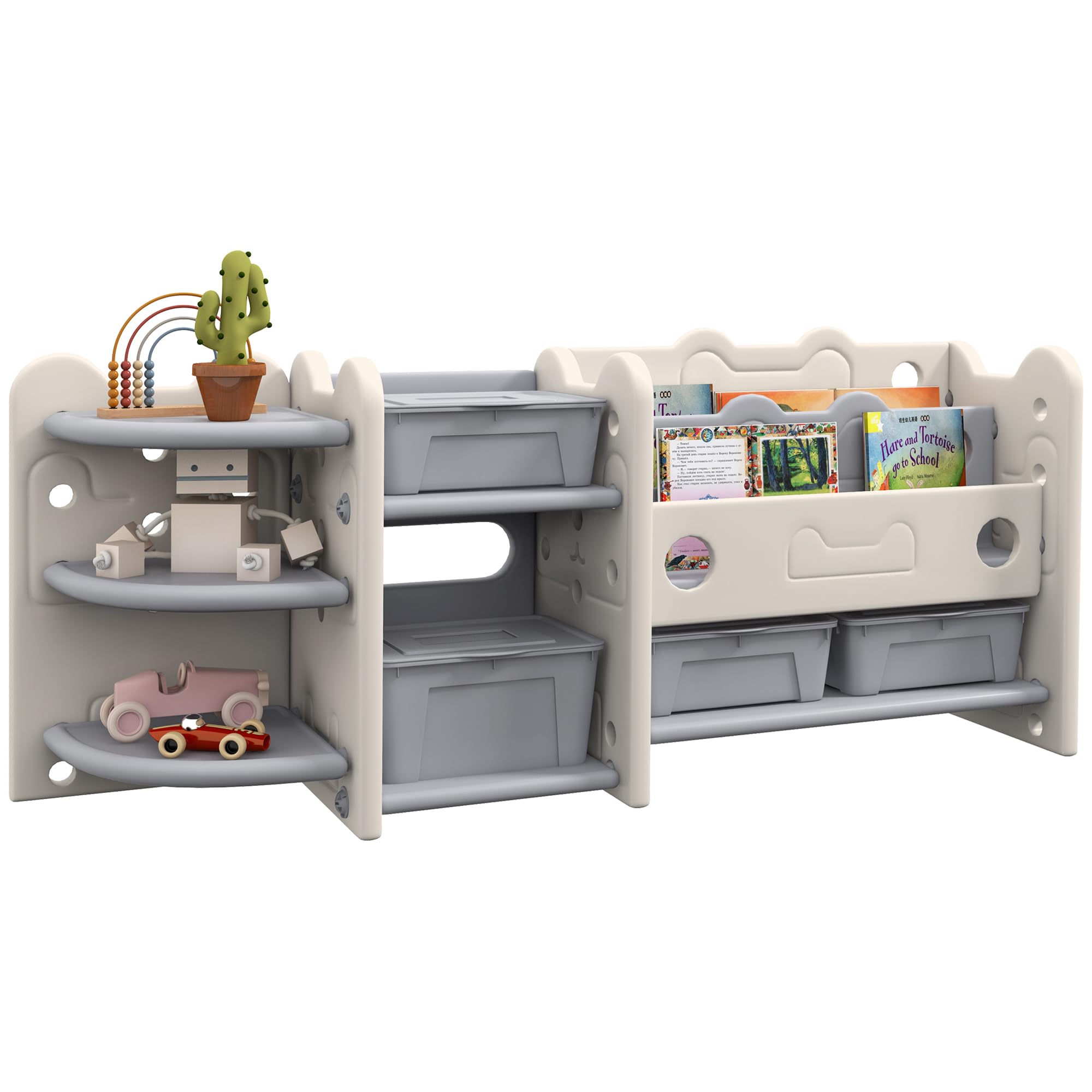 Qaba 4-Bin Toy Storage Organizer with Bookshelves & Racks - Kids Room, Nursery & Playroom Organization - Cream White Toy Box for Easy Cleanup & Child Development