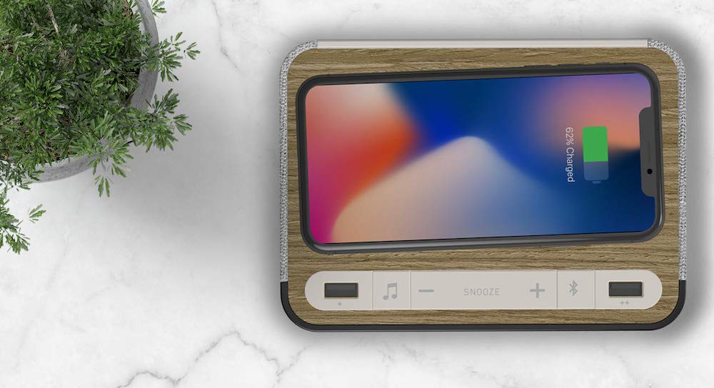 NONSTOP Station A - Wireless Charging Alarm Clock with Qi Charger, Dual USB Ports & Bluetooth Speaker for Bedroom, Office, Travel - Warm Walnut Finish