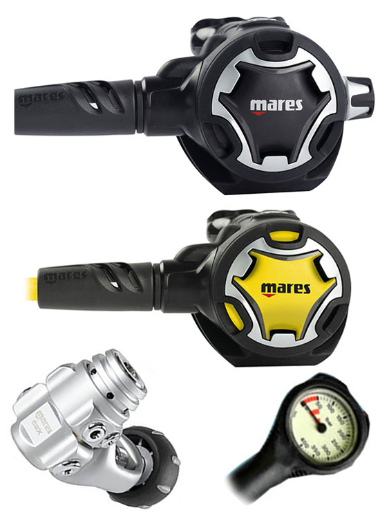 Mares Regulator Set: Dual Adjustable 62X Scuba Diving Regulator with Octopus & Free Thermometer Gauge (DIN or Yoke) - Perfect for Deep Sea Diving and Underwater Exploration