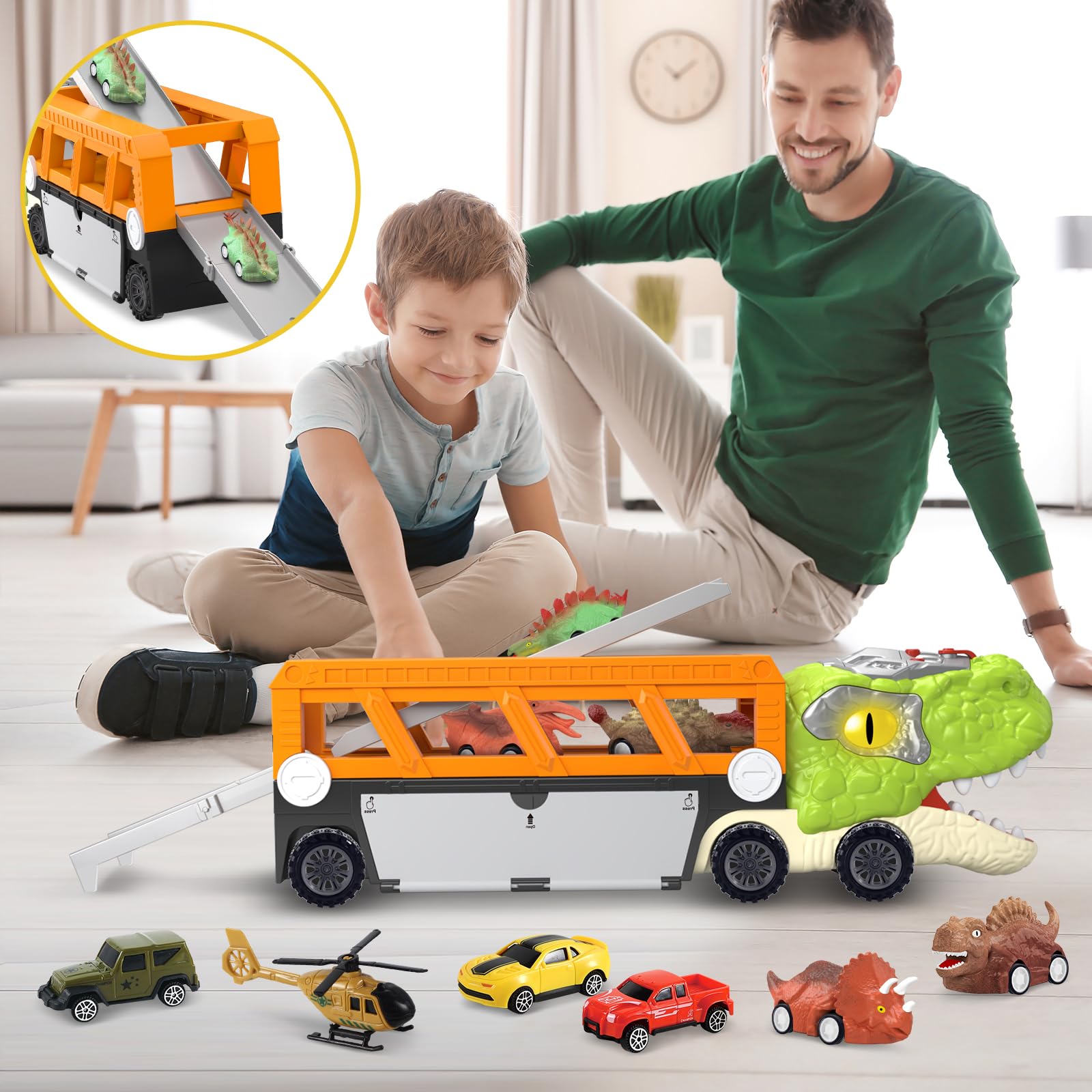 SpringFlower 11-in-1 Dinosaur Toy Truck Set with 10 Pull Back Cars - Interactive Light & Sound Dinosaur Toys for Kids Ages 3-5 - Perfect Birthday Gift for Toddler Boys - Great for Pretend Play, Outdoor Adventures & Learning About Dinosaurs