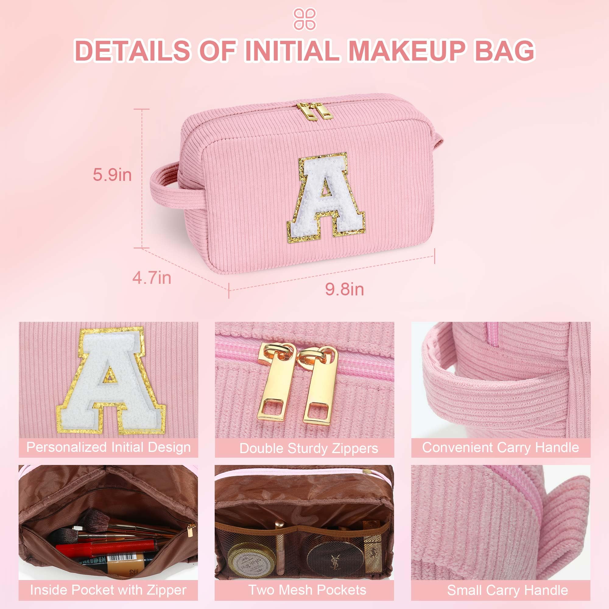 YOOLIFE Personalized Monogram Makeup Bag - Cute Travel Toiletry Bag for Women, Best Friend Birthday Gift & Bridesmaid Wedding Gift (Letter J) - Perfect for Travel, Bachelorette Parties & Daily Cosmetics Storage